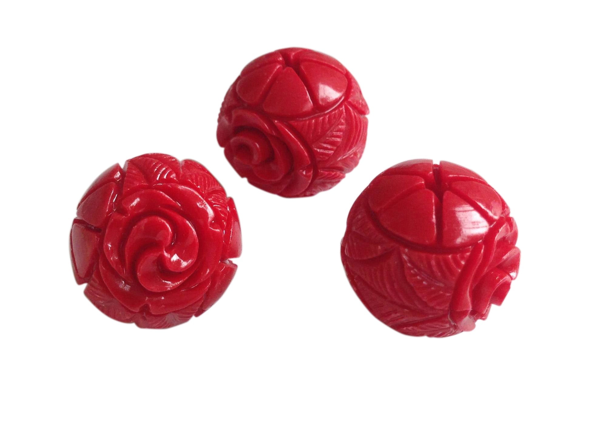 Carved Synthetic Beads For Jewellery Making 18mm Round Red (Pack Of 5 Pieces) (#Ot16)