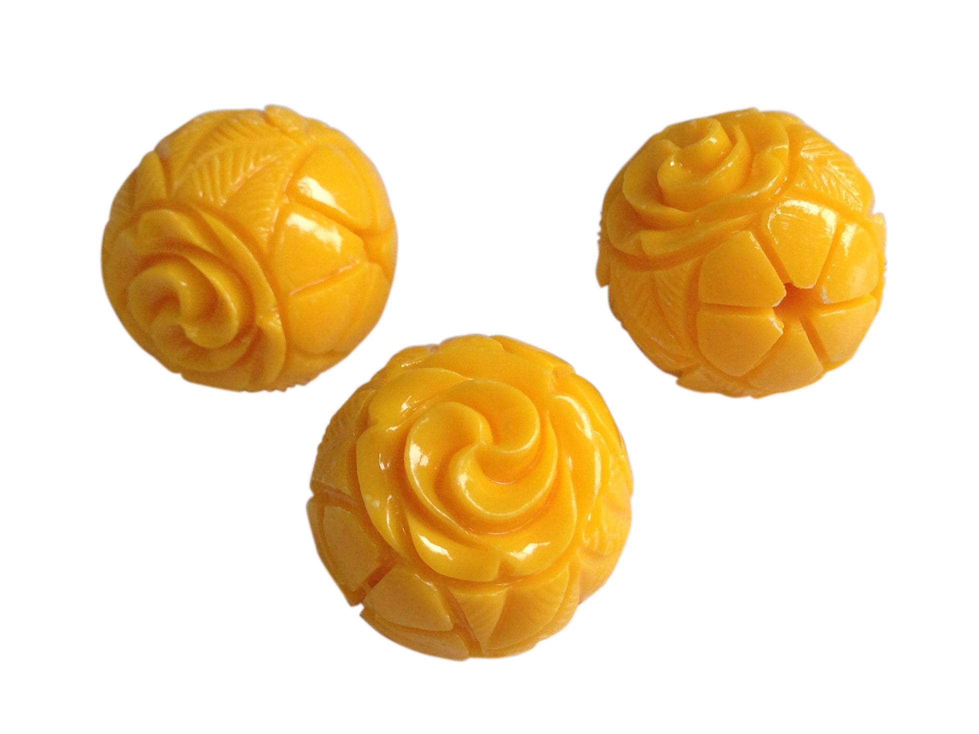 Carved Synthetic Beads For Jewellery Making 18mm Round Yellow (Pack Of 5 Pieces) (#Ot18)