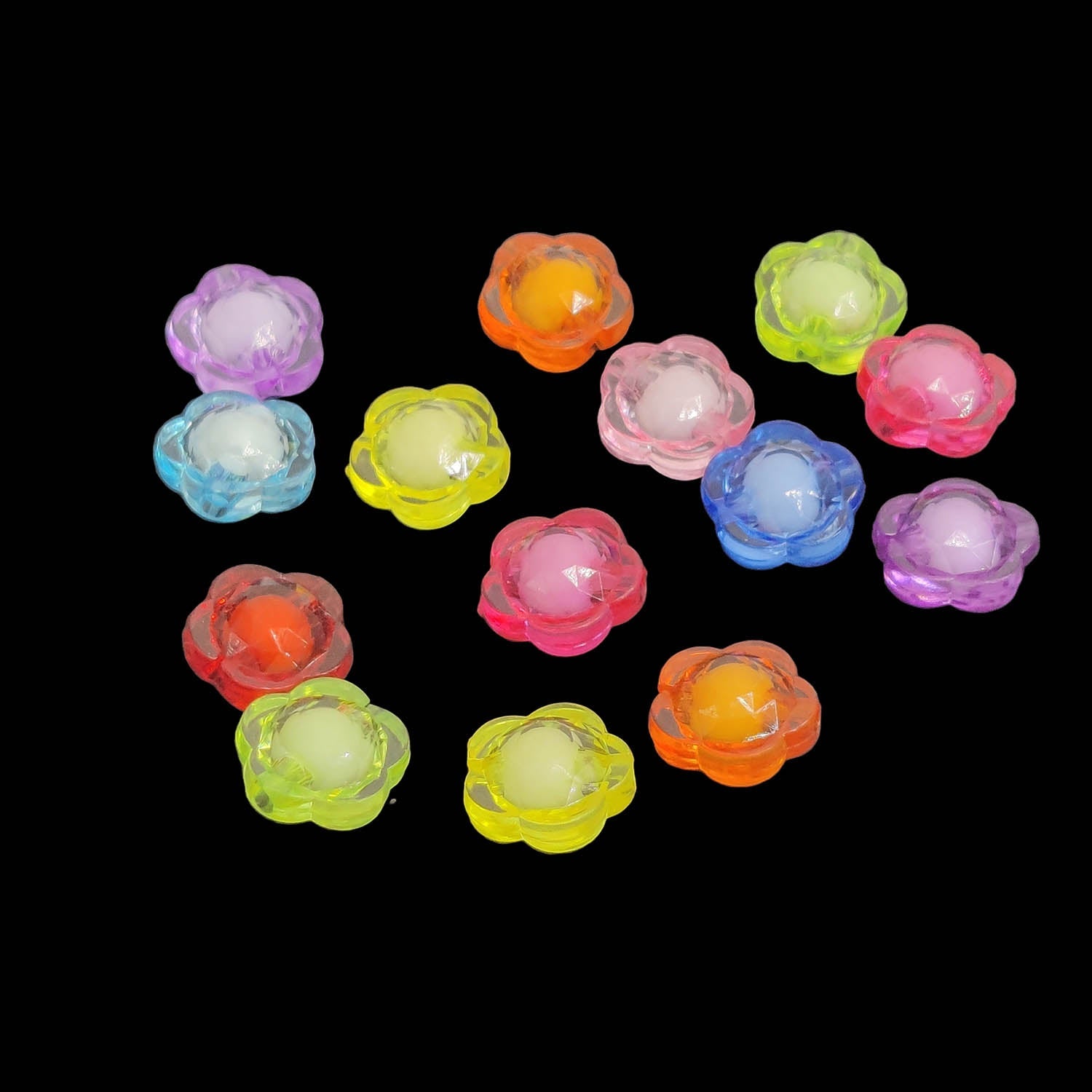 Stuffed Acrylic Beads 13x12x8 MM (48-50 PCs, 25 GMs Wt) Hole:2 MM Flower Mixed Colors For Jewellery Making DIY Arts Crafts [ac-bds-00127-m18]