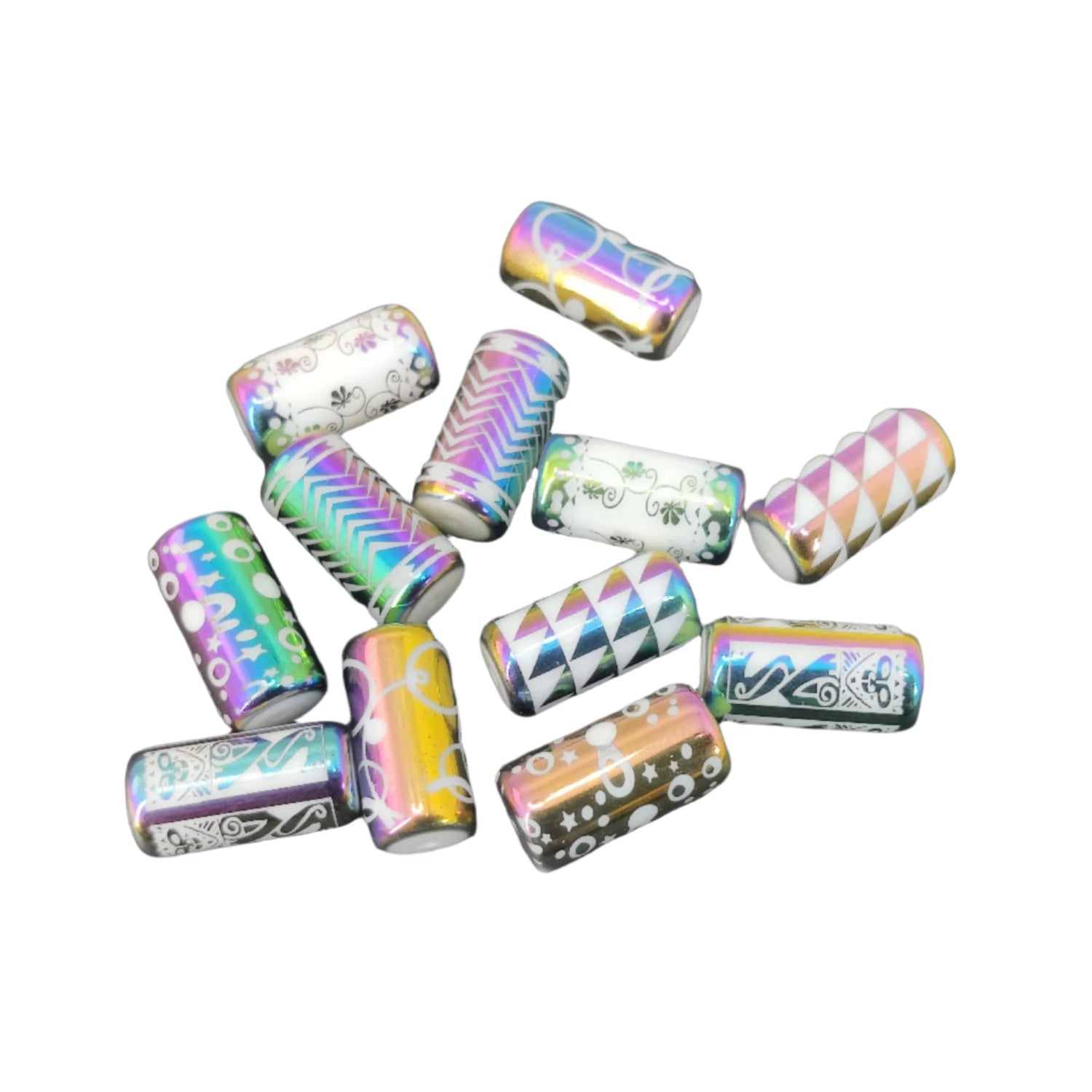 Plated Printed Glass Beads (10 Pieces, 5 Random Designs x 2 Pieces Each) 20x10 MM Multicolor Hole 1 MM Cylinder For Jewellery Making Arts Crafts