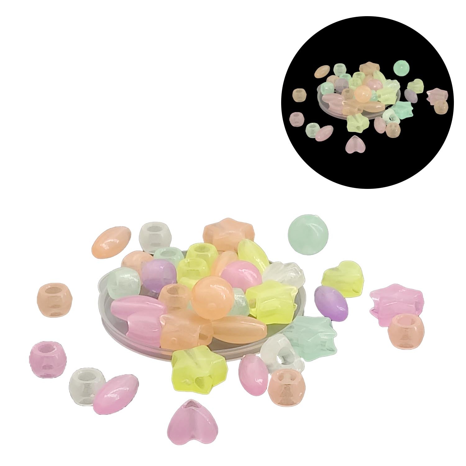 Acrylic Beads Glow In The Dark Radium (60-70 PCs, 25 GMs) 8 to 13 MM With Hole:1.5-4 MM Mixed Shapes Colors For Jewellery Making DIY Arts Crafts [ac-bds-00137-m2]
