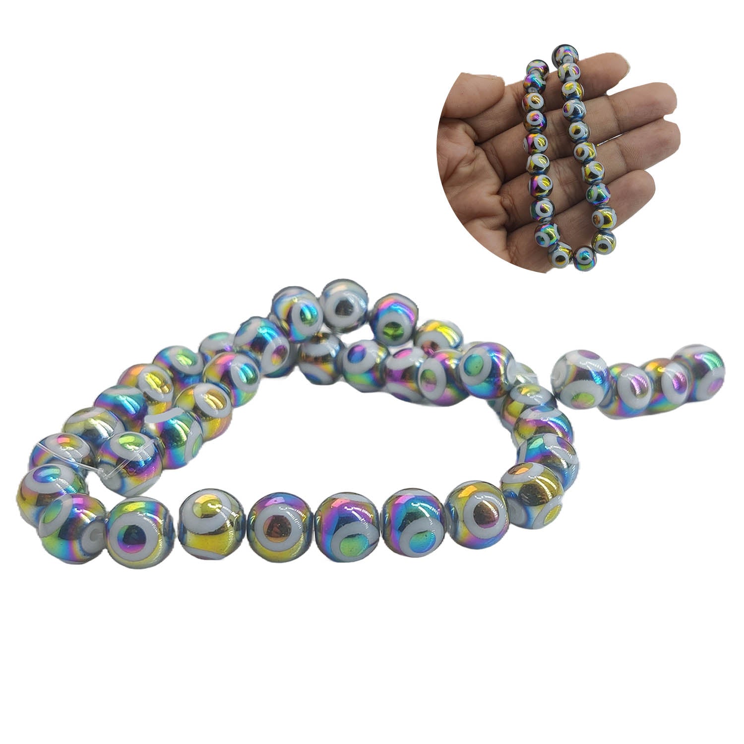 Evil Eye Premium Plated Glass Beads 8x7.5 MM Hole:1.2 MM Round For Jewellery Making DIY Arts Crafts