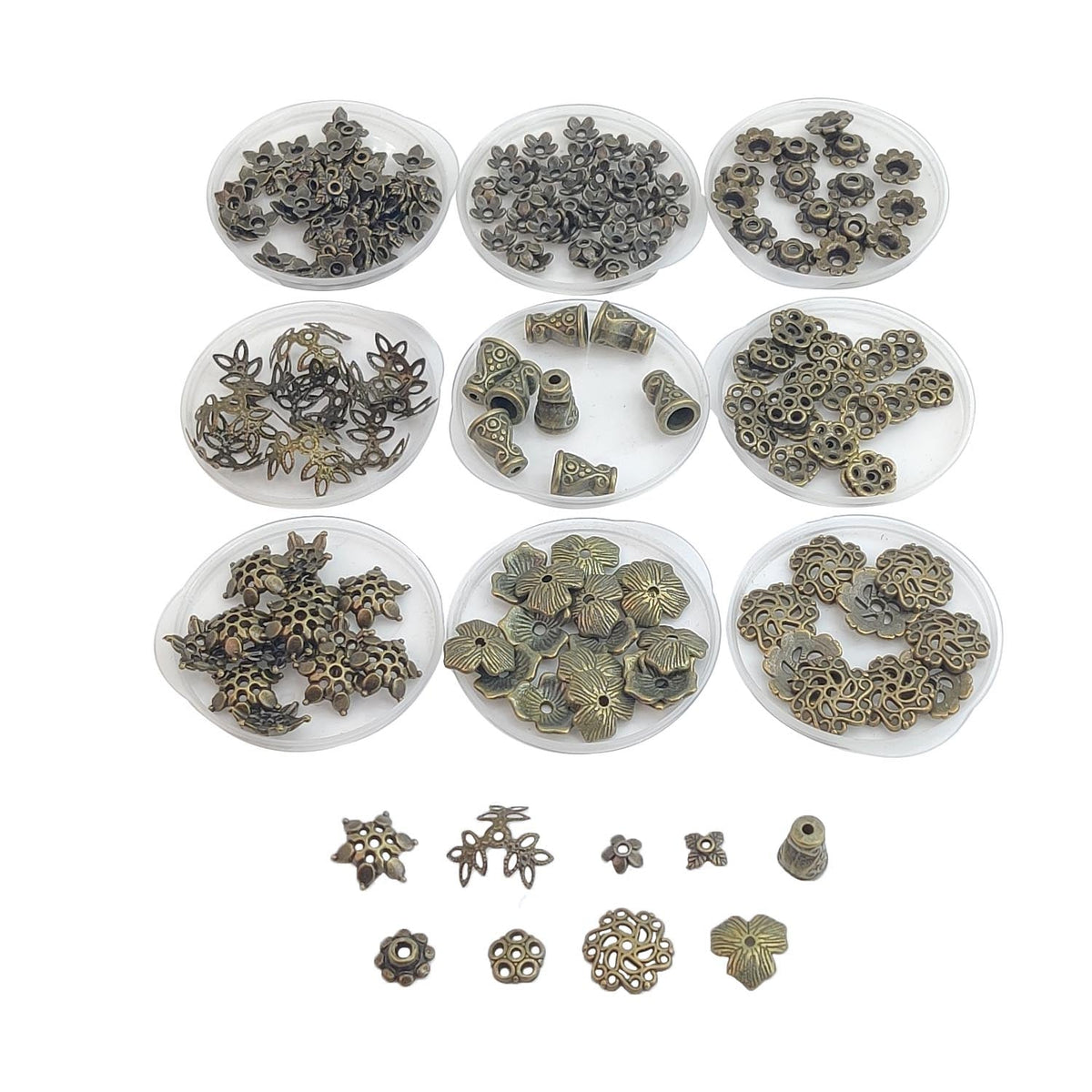 Alloy Bead Caps (50 Pieces, 8-9 Mixed Shapes and Sizes) Antique Bronze Color For Jewellery Making [ac-jwlsupp-00028-m14]