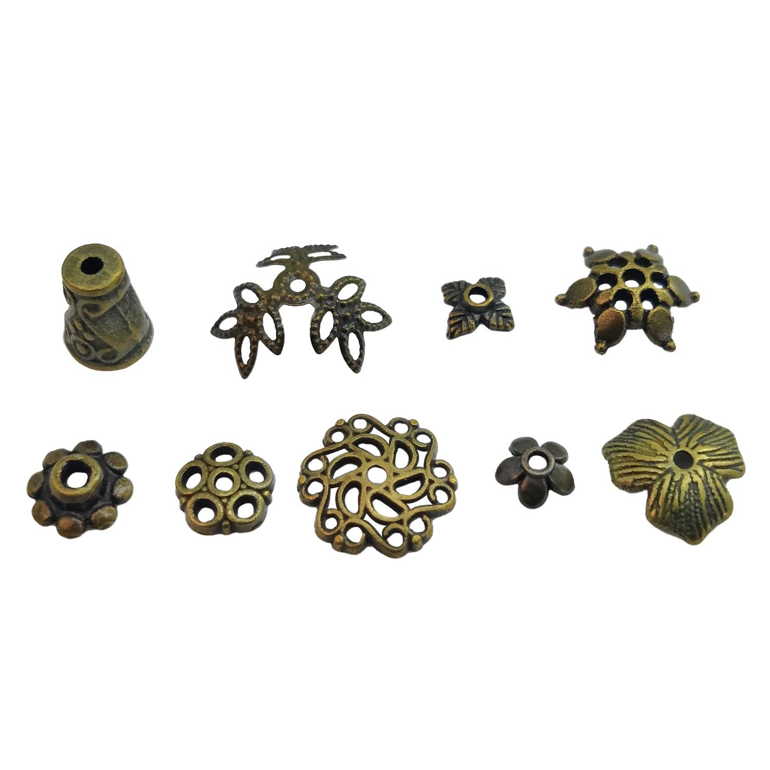 Alloy Bead Caps (50 Pieces, 8-9 Mixed Shapes and Sizes) Antique Bronze Color For Jewellery Making [ac-jwlsupp-00028-m14]