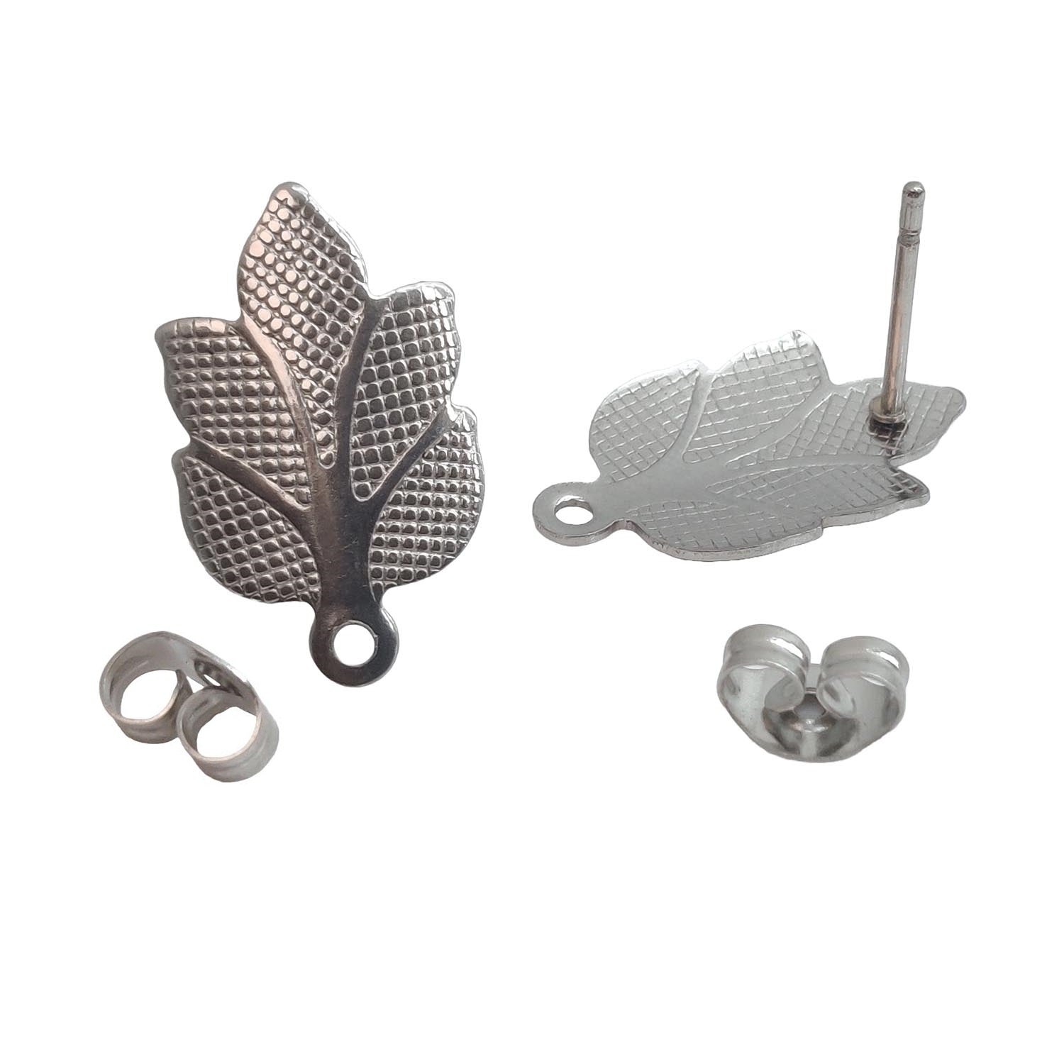 Tarnish Resistant 304-Stainless Steel Earring Studs Bases With Stoppers (4 Pieces) 17x10 MM Leaf Silver Color For Jewellery Making [ac-jwlsupp-00047-m3]