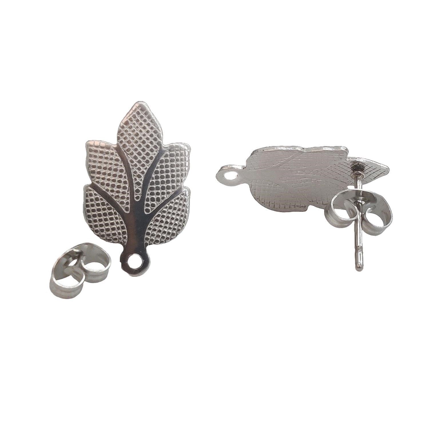 Tarnish Resistant 304-Stainless Steel Earring Studs Bases With Stoppers (4 Pieces) 17x10 MM Leaf Silver Color For Jewellery Making [ac-jwlsupp-00047-m3]