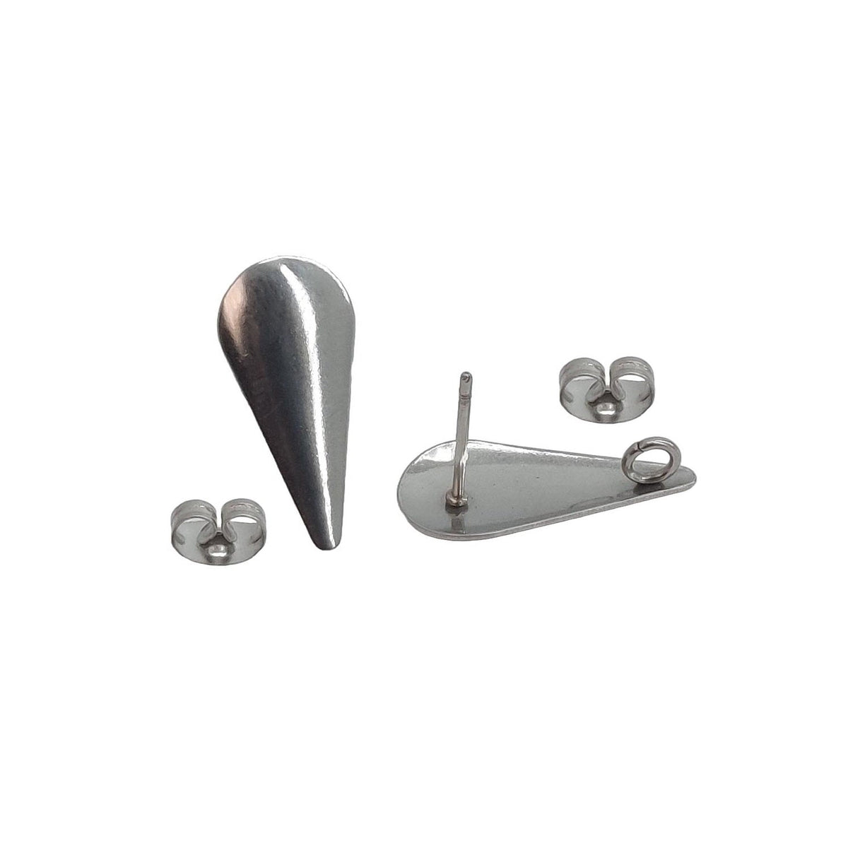 Tarnish Resistant 304-Stainless Steel Earring Studs Bases With Stoppers (4 Pieces) 20x8 MM Drop Silver Color For Jewellery Making [ac-jwlsupp-00047-m8]