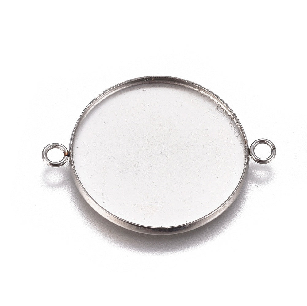 Tarnish Resistance 304-Stainless Steel Cabochon Pendant Base Connectors (Holds 25 MM Round Embellishments, Pack of 2) Bezel Blanks Silver Color