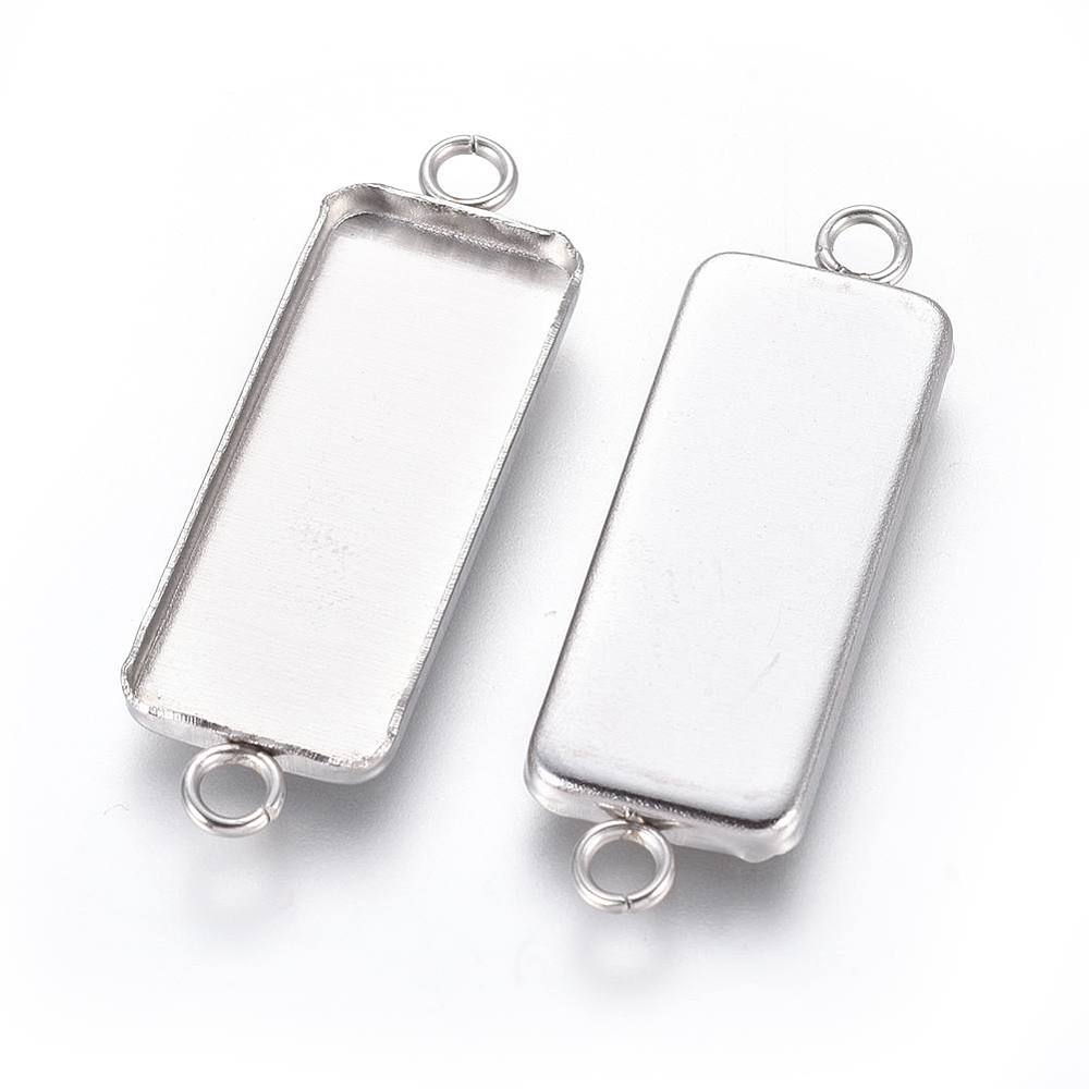 Tarnish Resistance 304-Stainless Steel Cabochon Pendant Base Connectors (Holds 25x10 MM Rectangle Embellishments, Pack of 2) Bezel Blanks Silver Color