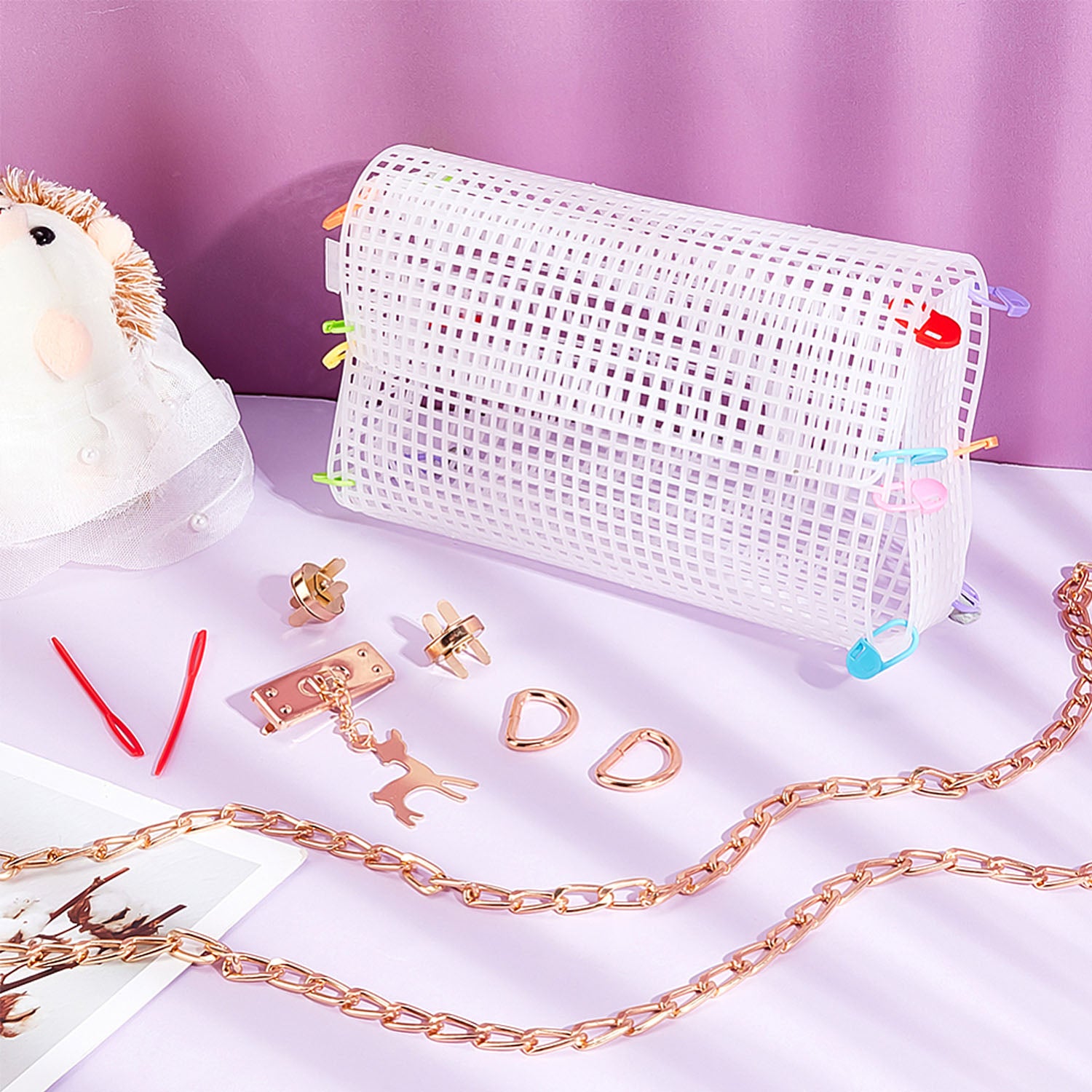 Embroidery Canvas Mesh Plastic Bag Making Kit (14x15 Inch Sheet x 1, D Ring x 2, Chain x 1, Snap Button x 2, Deer Charm x 1, Needle x 2) Hole 4x4mm
