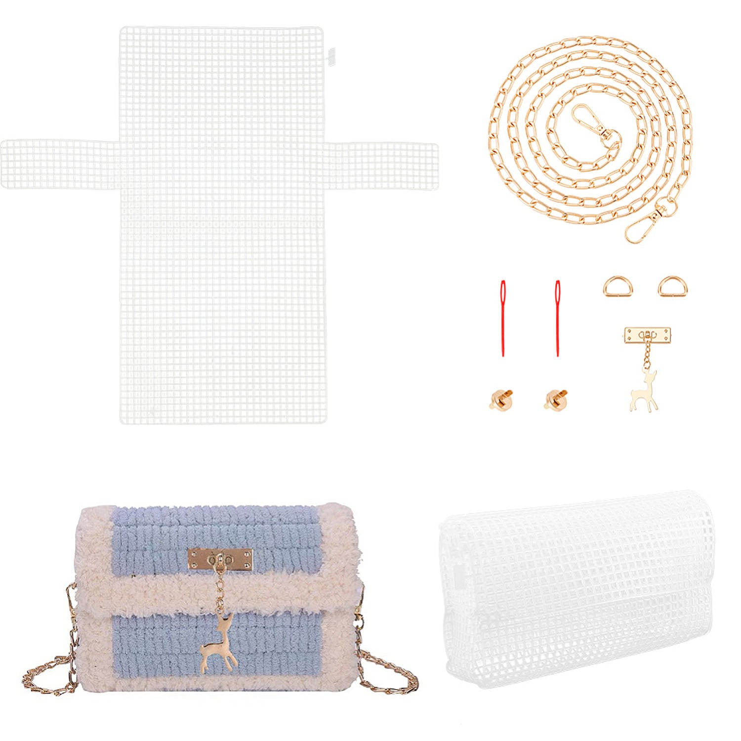 Embroidery Canvas Mesh Plastic Bag Making Kit (14x15 Inch Sheet x 1, D Ring x 2, Chain x 1, Snap Button x 2, Deer Charm x 1, Needle x 2) Hole 4x4mm