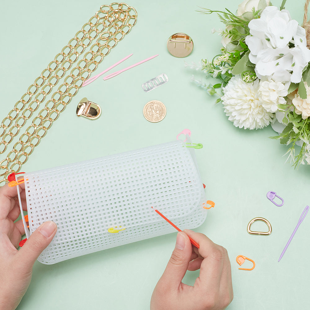 Embroidery Canvas Mesh Plastic Bag Making Kit (13x14 Inch Sheet, 2 D Rings, 1 Chain, 8 Markers, 1 Buckle, 1 Lock, 4 Needles, 2 Screws) Hole 4x4mm