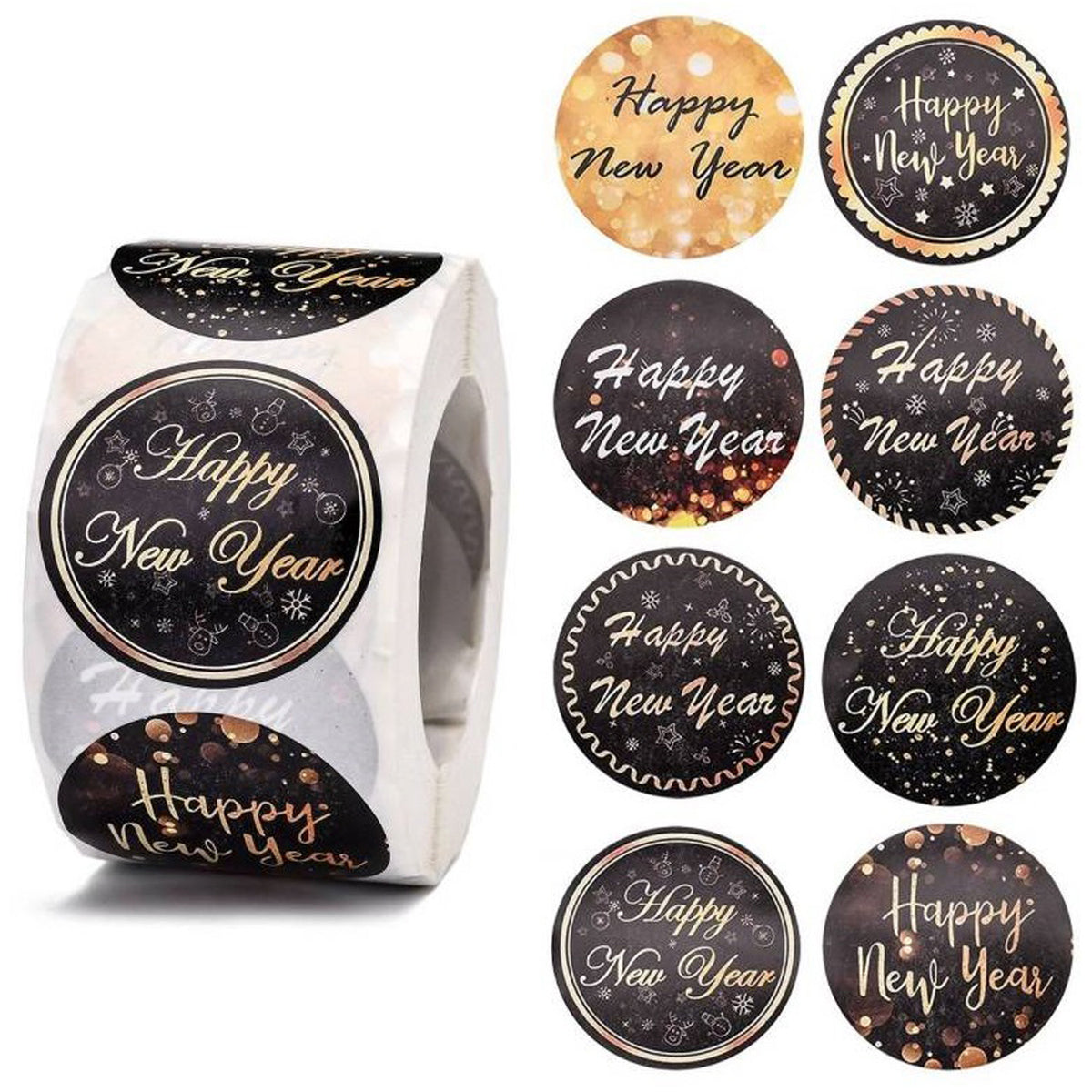 Paper Stickers 1.5 Inch / 3.75 CM (1 Roll, 500 Stickers) Happy New Year Wishes Theme Round Multicolor Gift Packing Tags