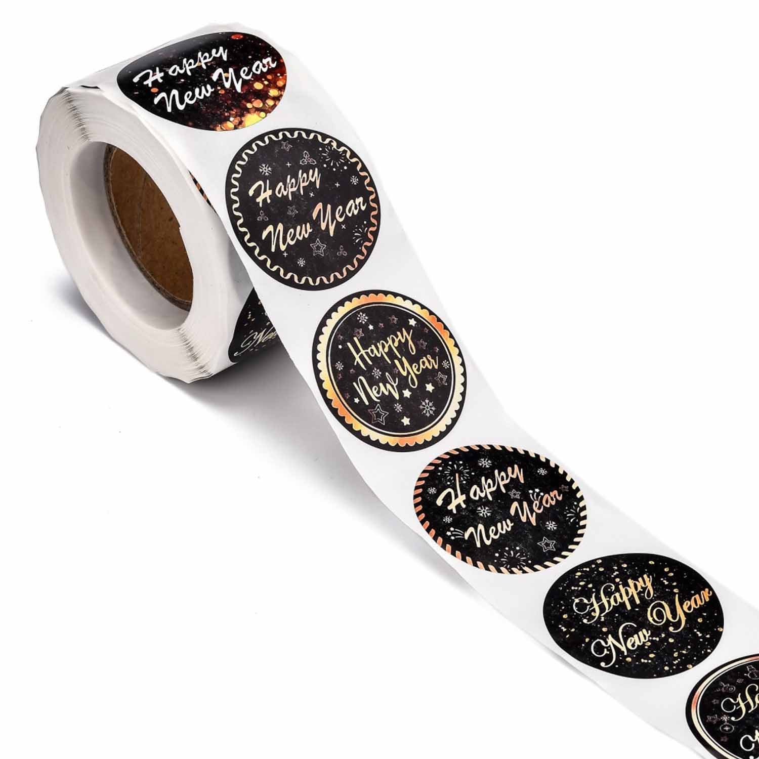 Paper Stickers 1.5 Inch / 3.75 CM (1 Roll, 500 Stickers) Happy New Year Wishes Theme Round Multicolor Gift Packing Tags