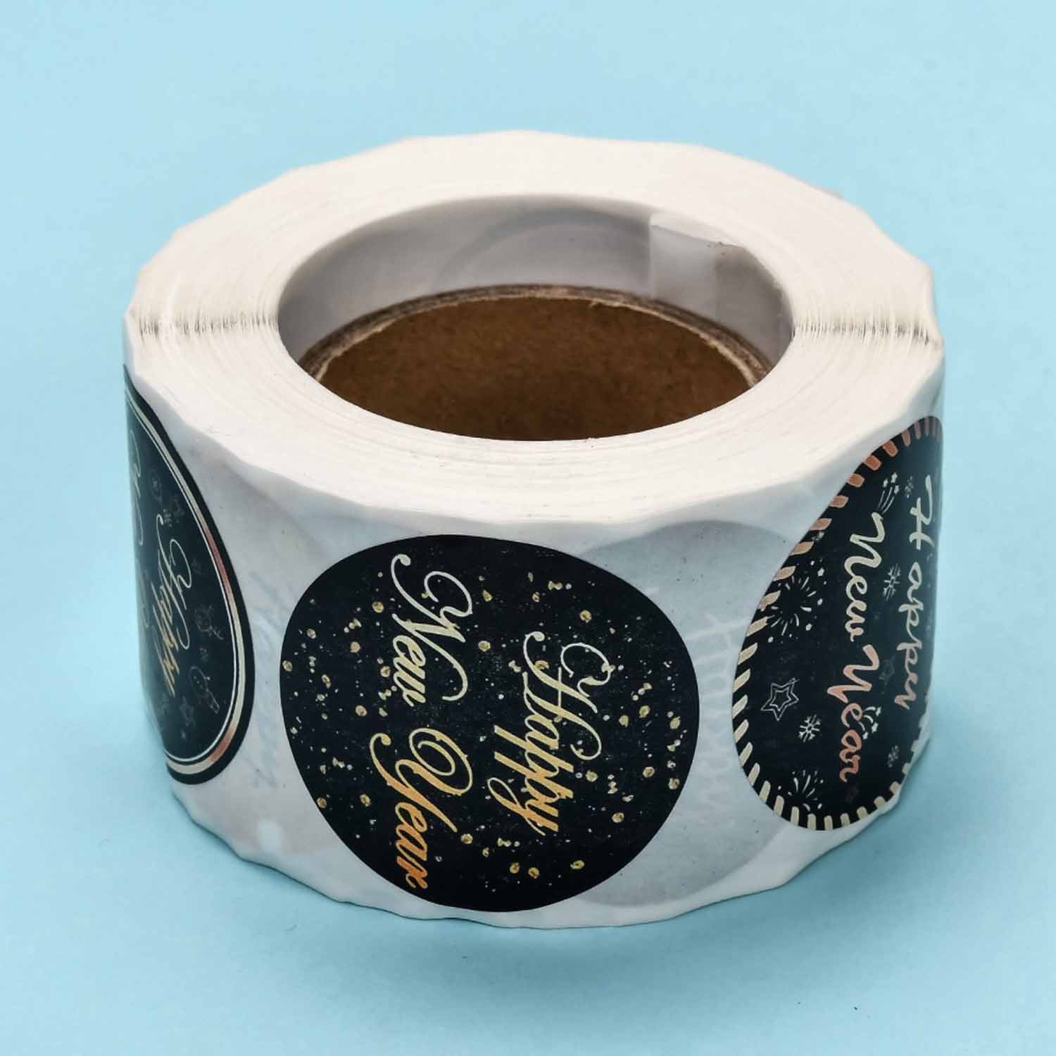 Paper Stickers 1.5 Inch / 3.75 CM (1 Roll, 500 Stickers) Happy New Year Wishes Theme Round Multicolor Gift Packing Tags