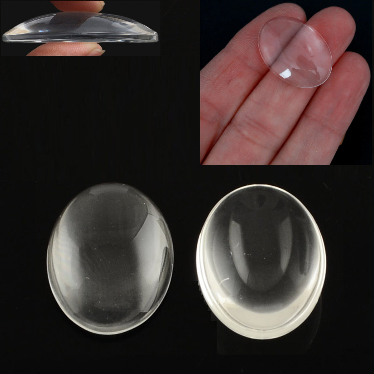 Glass Cabochons Embellishments 25x18x5 MM (Pack of 10 PCs) Oval Dome Flat Back Transparent For DIY Crafts Jewellery Making Magnets