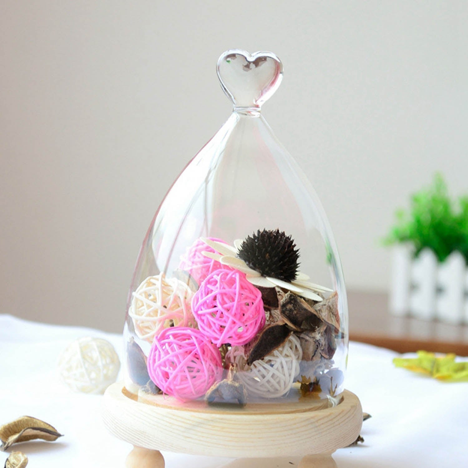 Glass Dome Cloche Cover Containers (1 Piece) 3.5x6 Inch Bottles Decoration Bell Jars With Wooden Heart Lid Base Food Storage Terrarium Plants [jefs-pack-boxnsupp-00120-m1]
