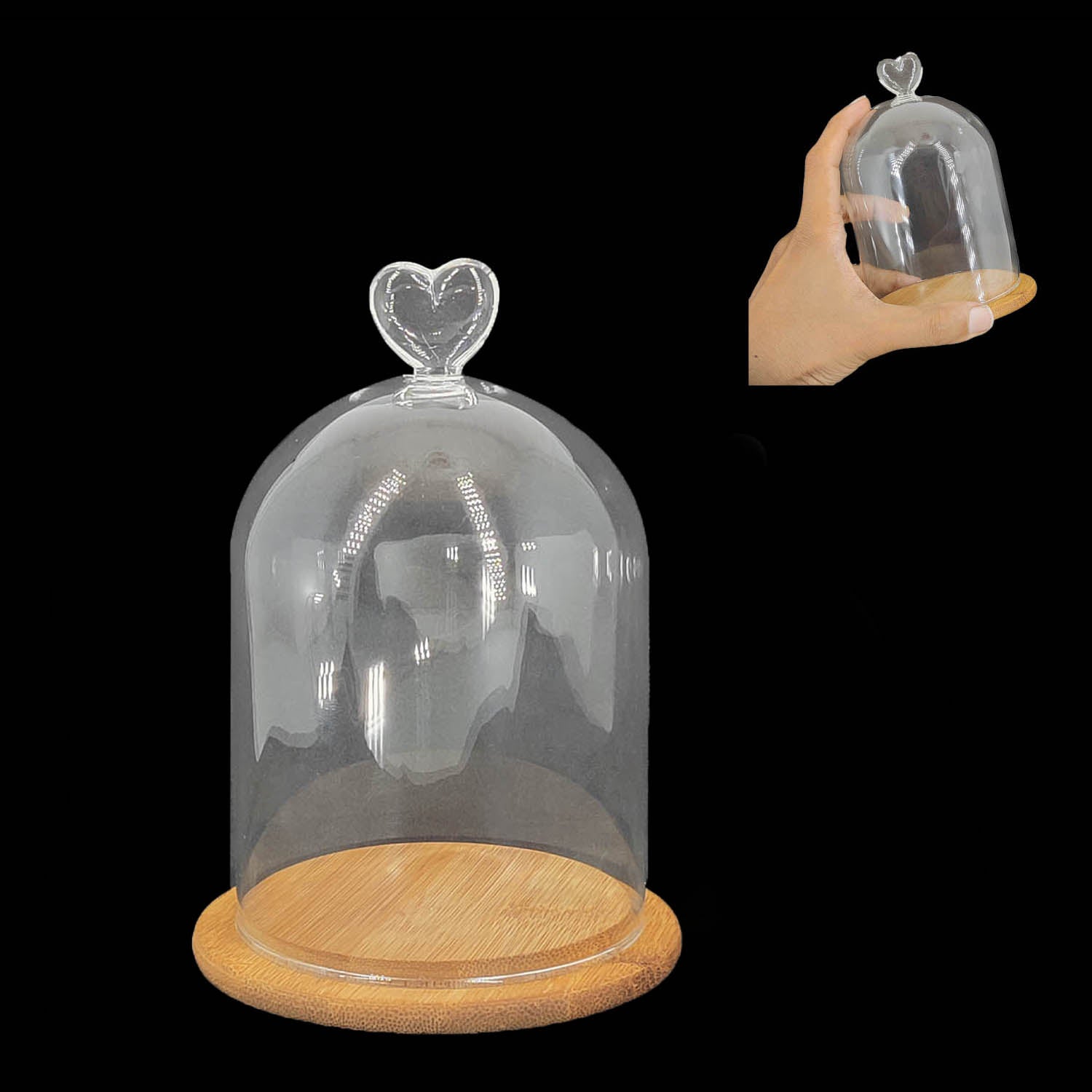 Glass Dome Cloche Cover Containers (1 Piece) 3.5x5.5 Inch Bottles Decoration Bell Jars With Wooden Heart Lid Base Food Storage Terrarium Plants [jefs-pack-boxnsupp-00120-m2]