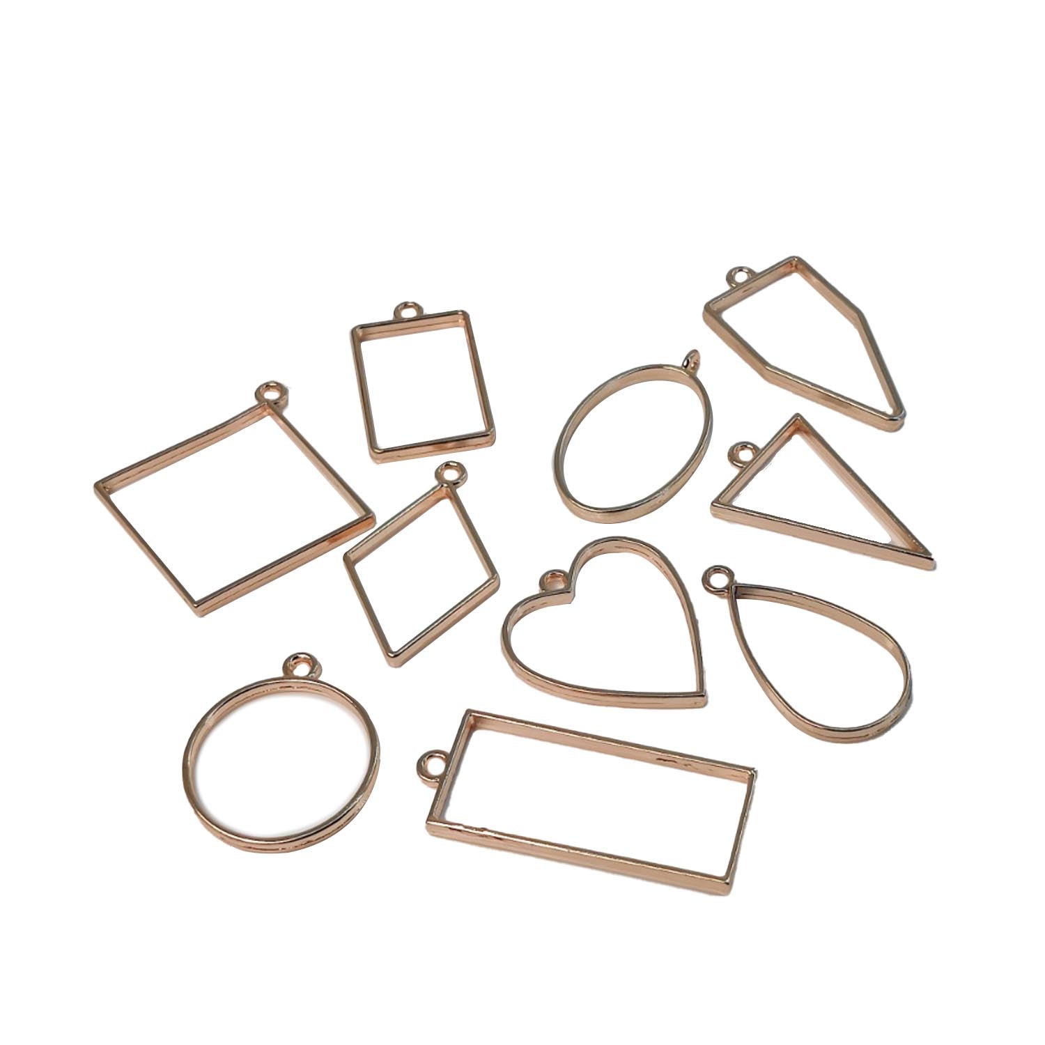 Metal Alloy Pendant Bezel Blanks (10 Pieces) 3 to 4.5 CM Range Mixed Shapes Bases Rose Gold Color For Resin Jewellery Making DIY Crafts