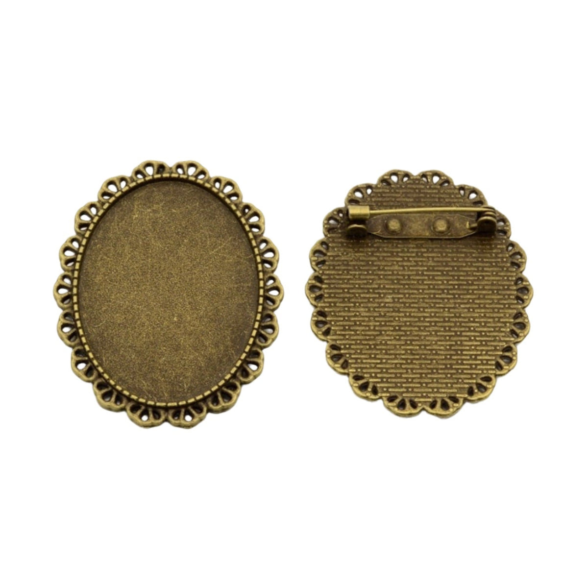 Metal Alloy Brooch Cabochon Bases [Holds Oval 40x30 MM Embellishments] (2 Pieces) Antique Bronze Color 48x38x2 MM For Saree Pin [jefs-pndt-gnrl-00129-m63]