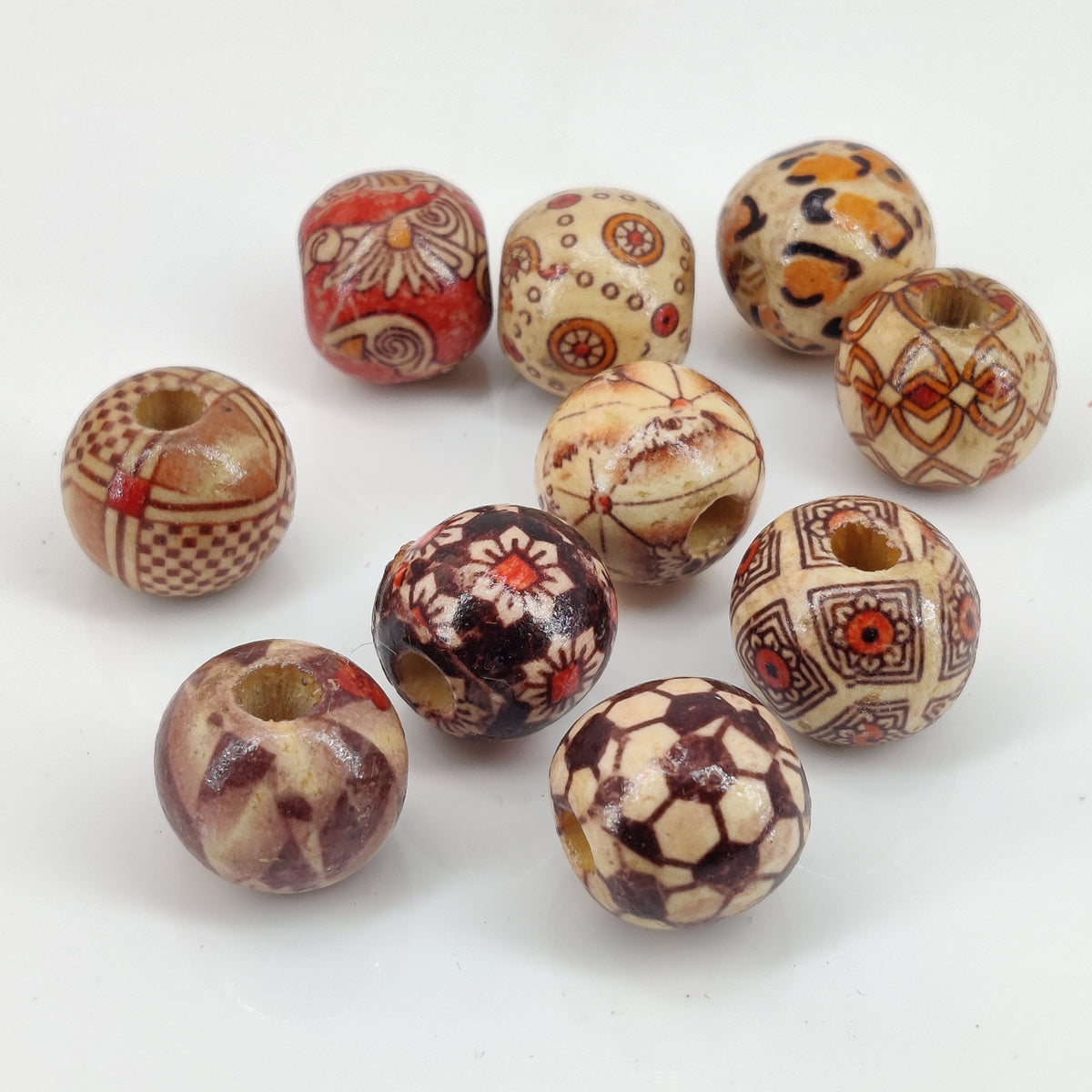Printed Wooden Beads 16x15 MM (50 GMs, 40-42 Beads) 5 MM Hole Round Mixed Colors Design For Bracelets Jewellery Making DIY Crafts
