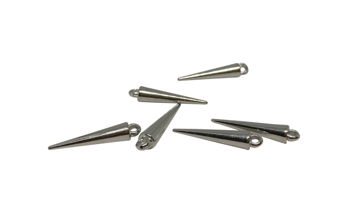CCB Plastic Metallic Cone Spike Beads Charms Pendants 23x4 MM (Pack Of 10 Pieces) Silver Color [ac-bds-00066-m2]