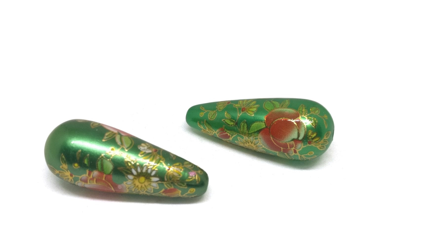 Flower Printed Designer Acrylic Beads 32x12 MM Green Drop Hole Size:2mm (4 Pieces) For Jewellery Making Arts Crafts [ac-bds-00072-m3]