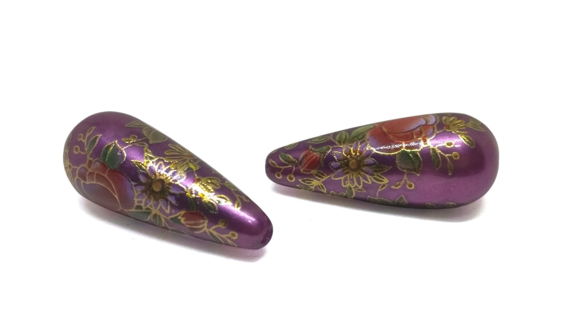 Flower Printed Designer Acrylic Beads 32x12 MM Violet Drop Hole Size:2mm (4 Pieces) For Jewellery Making Arts Crafts [ac-bds-00072-m6]