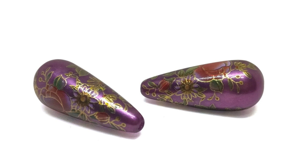 Flower Printed Designer Acrylic Beads 32x12 MM Violet Drop Hole Size:2mm (4 Pieces) For Jewellery Making Arts Crafts [ac-bds-00072-m6]