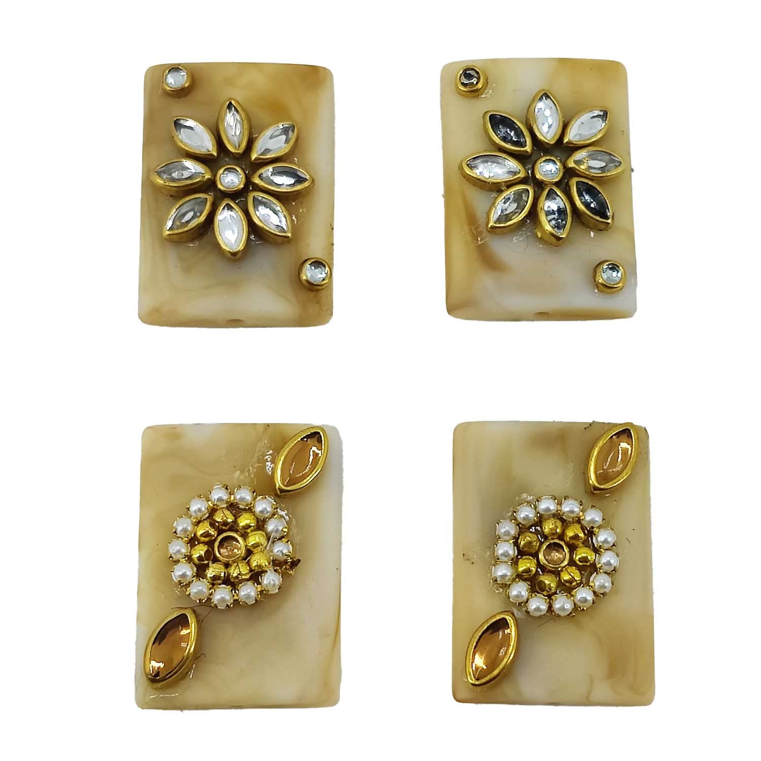 Kundan Stone Beads (4 Pieces) Set Of 2 Random Designs Assorted Colors Rectangle 28x20x5 MM Hole 2 MM [ac-bds-00082-m2]