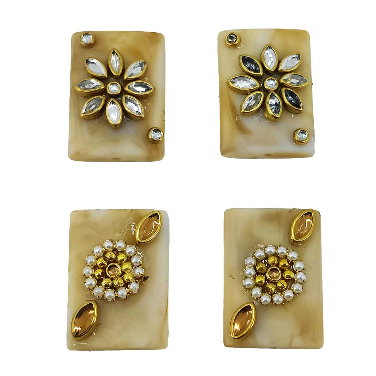 Kundan Stone Beads (4 Pieces) Set Of 2 Random Designs Assorted Colors Rectangle 28x20x5 MM Hole 2 MM [ac-bds-00082-m2]