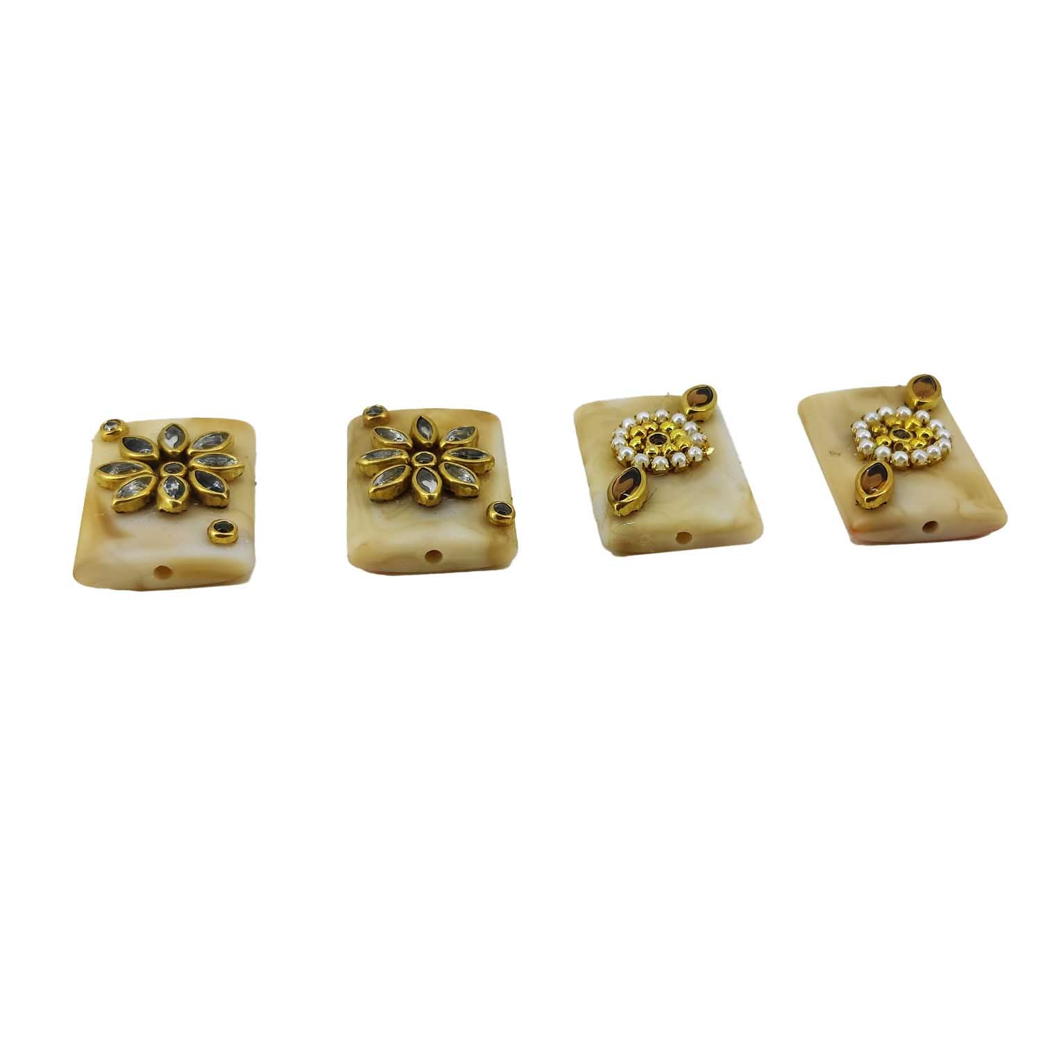 Kundan Stone Beads (4 Pieces) Set Of 2 Random Designs Assorted Colors Rectangle 28x20x5 MM Hole 2 MM [ac-bds-00082-m2]