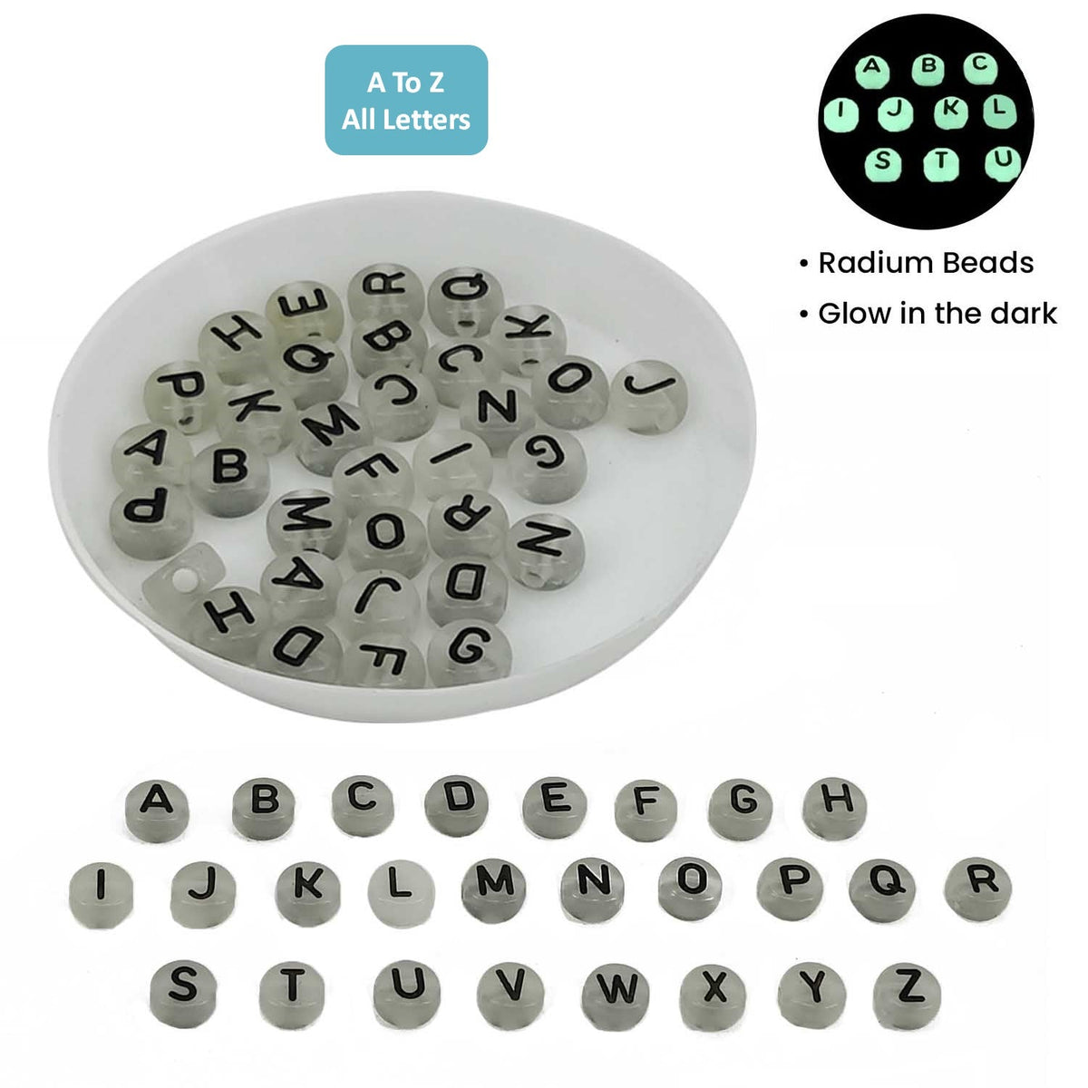 A To Z Radium Acrylic Letter Alphabet Beads 7x4 MM Glow In The Dark Hole Size 1.5 MM Flat Round For Jewellery Making DIY Crafts Keychains
