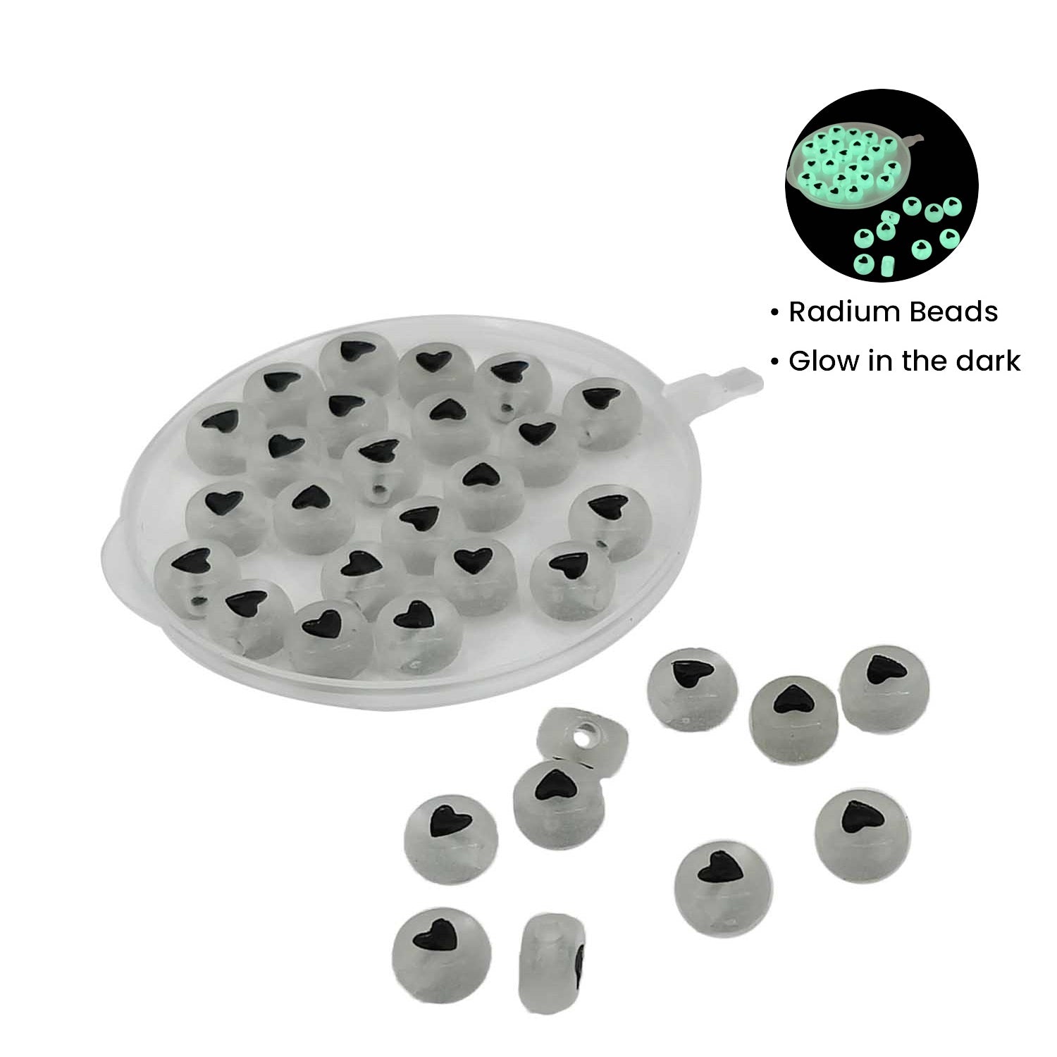 Radium Style Acrylic Beads Heart Symbol (70 Beads, 10 GMs) 7x4 MM Hole 1.5 MM Glow In The Dark Flat Round For Jewellery Making DIY Crafts [ac-bds-00087-m2]