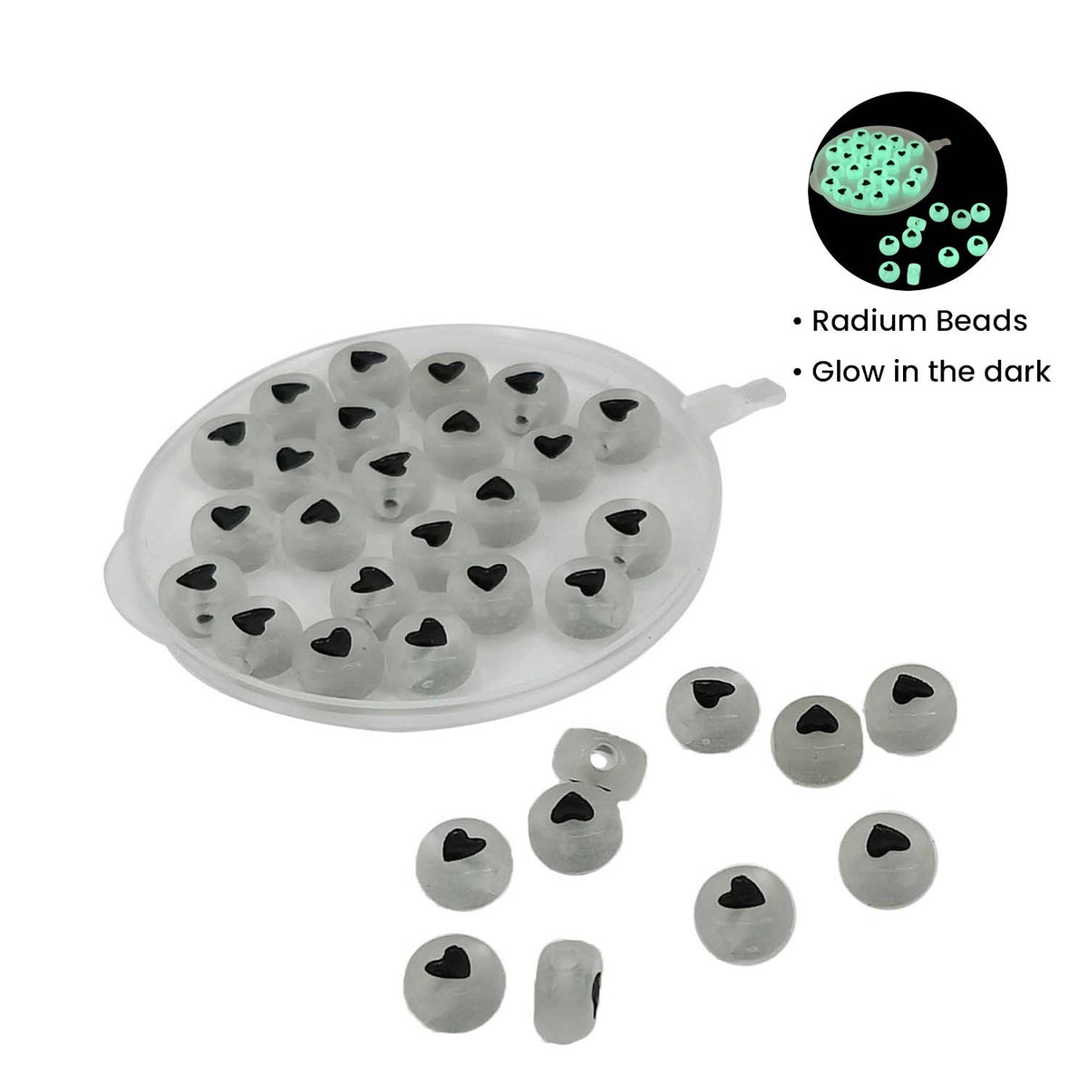 Radium Style Acrylic Beads Heart Symbol (70 Beads, 10 GMs) 7x4 MM Hole 1.5 MM Glow In The Dark Flat Round For Jewellery Making DIY Crafts [ac-bds-00087-m2]