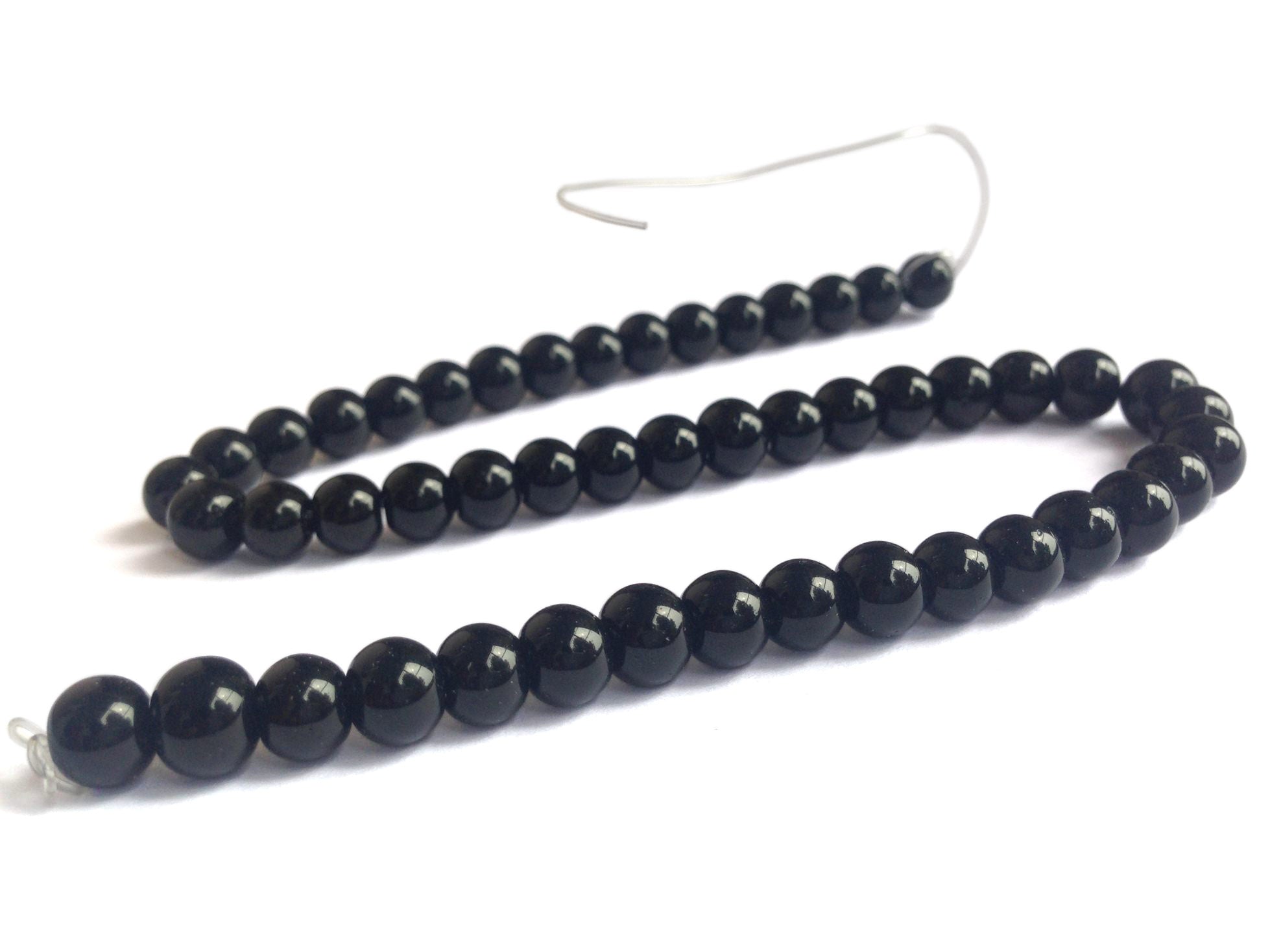 Glass Beads 6 MM (2 Strings, 48-50 Beads/String) Round Hole 1 MM Black 13 Inch For Jewellery Making [ac-bds-00112-m7]