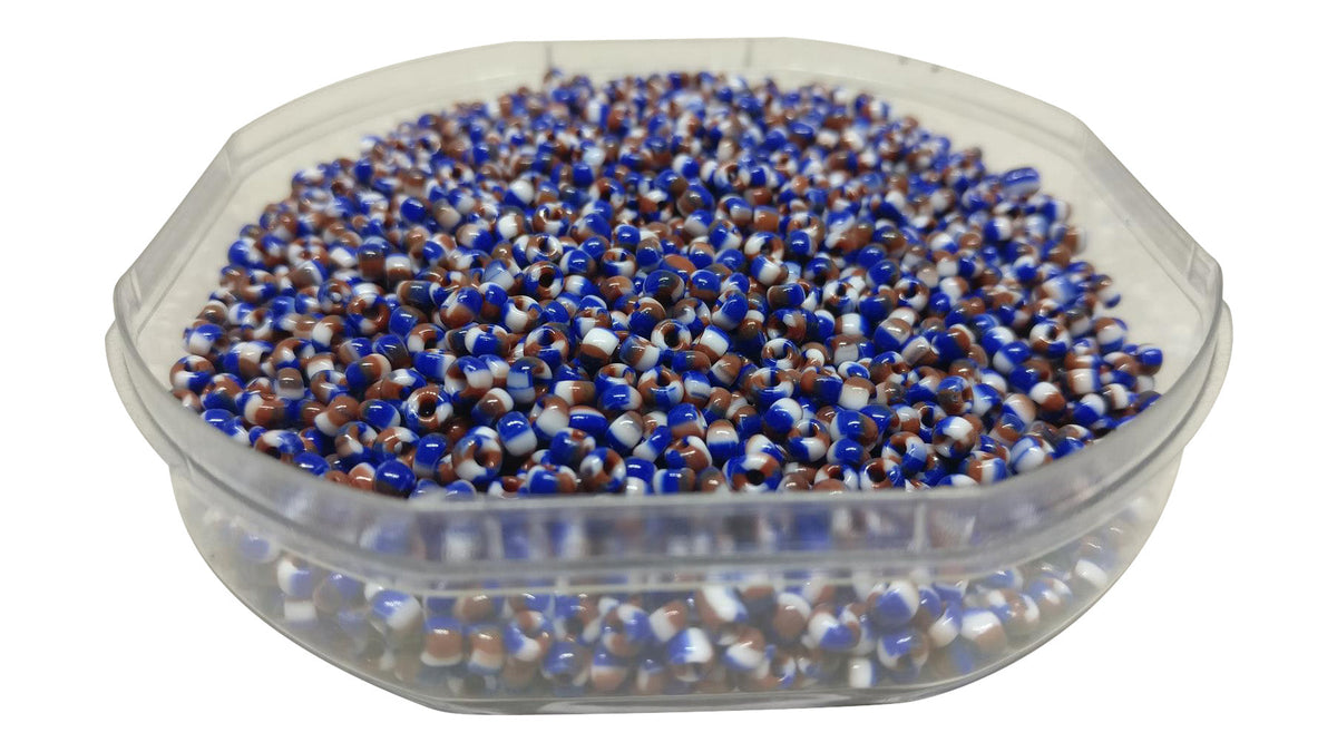 Striped Opaque 8/0 Glass Seed Beads 2.5x2 MM (800 Beads, 25 Grams Wt) Non-Uniform Round Hole 0.8 MM White Blue Brown For Jewellery Making [ac-bds-00120-m11]