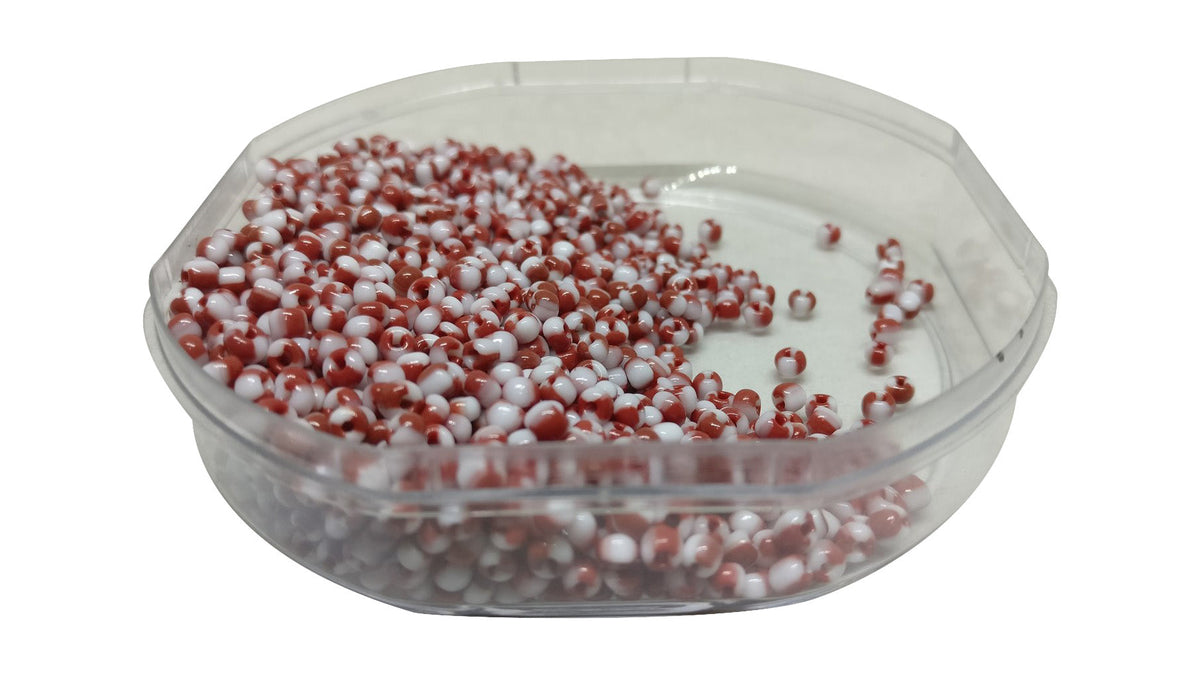 Striped Opaque 8/0 Glass Seed Beads 2.5x2 MM (800 Beads, 25 Grams Wt) Non-Uniform Round Hole 0.8 MM White & Brownish Red [ac-bds-00120-m4]