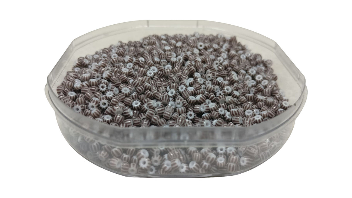 Striped Opaque 8/0 Glass Seed Beads 2.5x2 MM (800 Beads, 25 Grams Wt) Non-Uniform Round Hole 0.8 MM Brown & White For Jewellery Making [ac-bds-00120-m6]