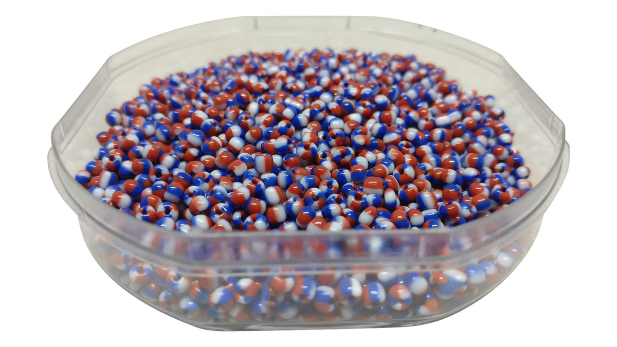 Striped Opaque 8/0 Glass Seed Beads 2.5x2 MM (800 Beads, 25 Grams Wt) Non-Uniform Round Hole 0.8 MM White Blue Reddish-Brown [ac-bds-00120-m9]