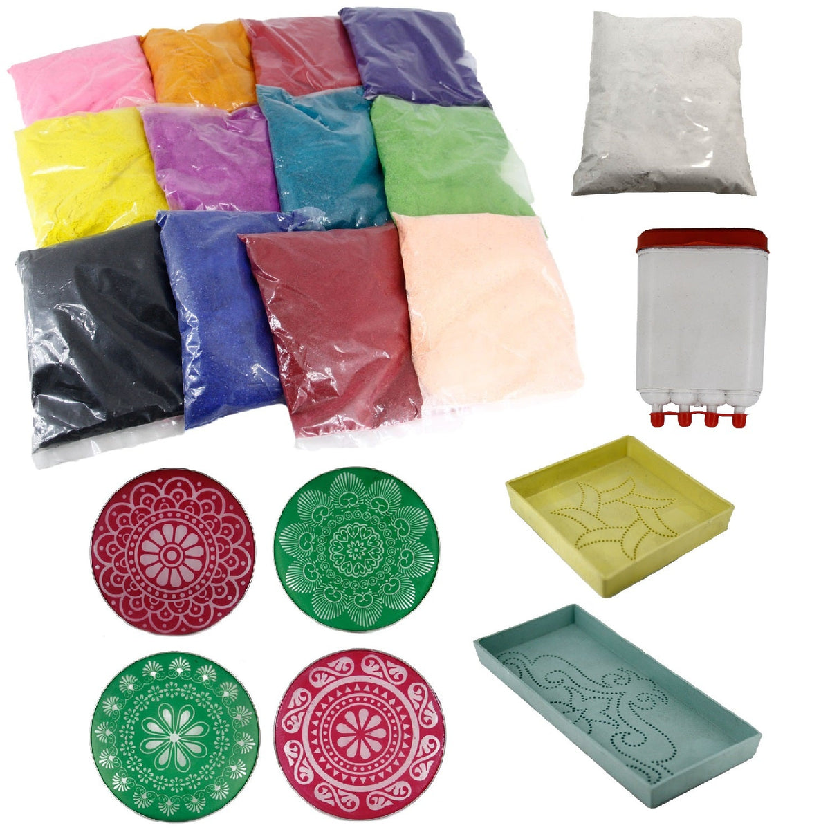 Rangoli Drawing Kit (4 Stencils, 12 Colors + White Powder, 1 x Sprinkler, 2 x Template Tray) For Indian Sand Art Kolam Festival Decoration [ac-homektchn-00006-combo1]