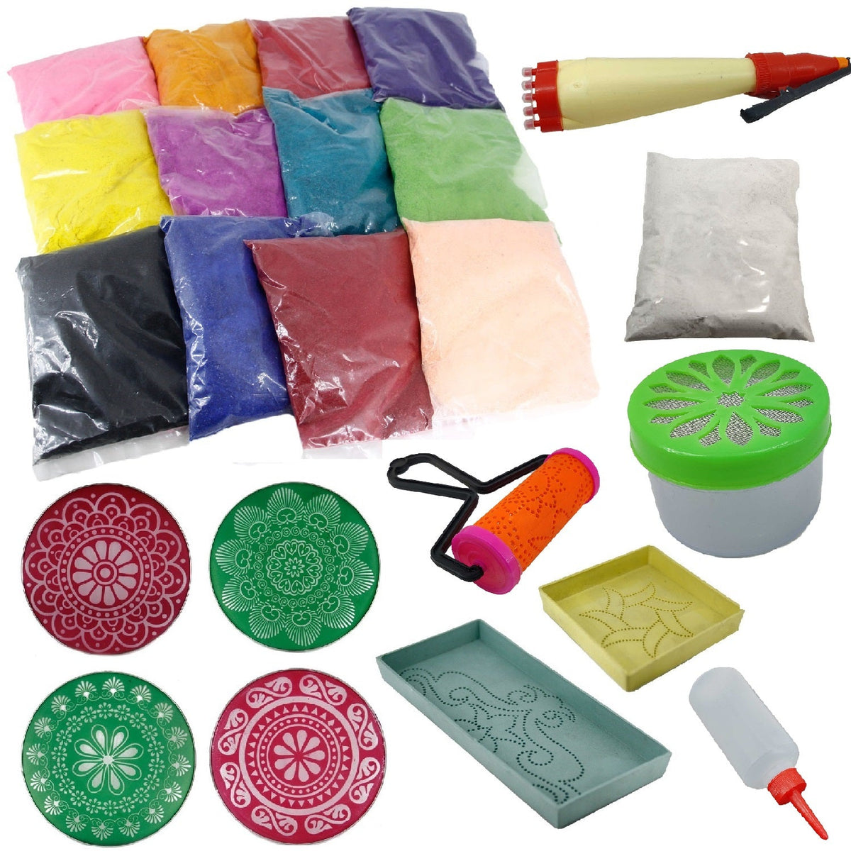 Rangoli Drawing Kit (4 Stencils, 12 Colors + White Powder, 1 x Sprinkler, 1 x Roller, 2 x Template Trays, 1 x Stencil Box, 1 x Bottle) [ac-homektchn-00006-combo2]