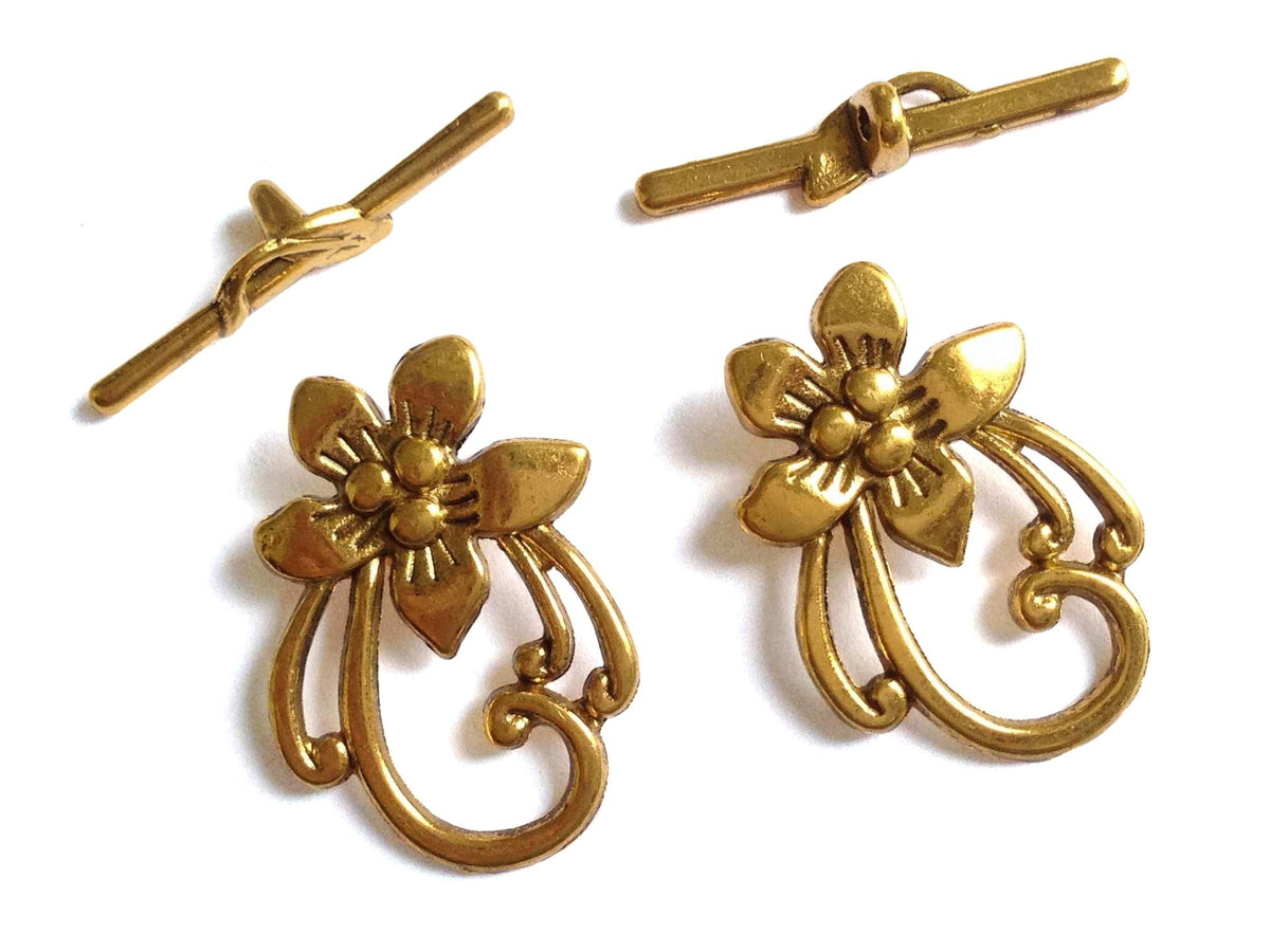 Metal Alloy Toggle Clasps For Jewellery Making (Pack of 5 Sets) 28x10mm Stick Size:5x30mm Flower Antique Gold Color [ac-jwlsupp-00001-m6]
