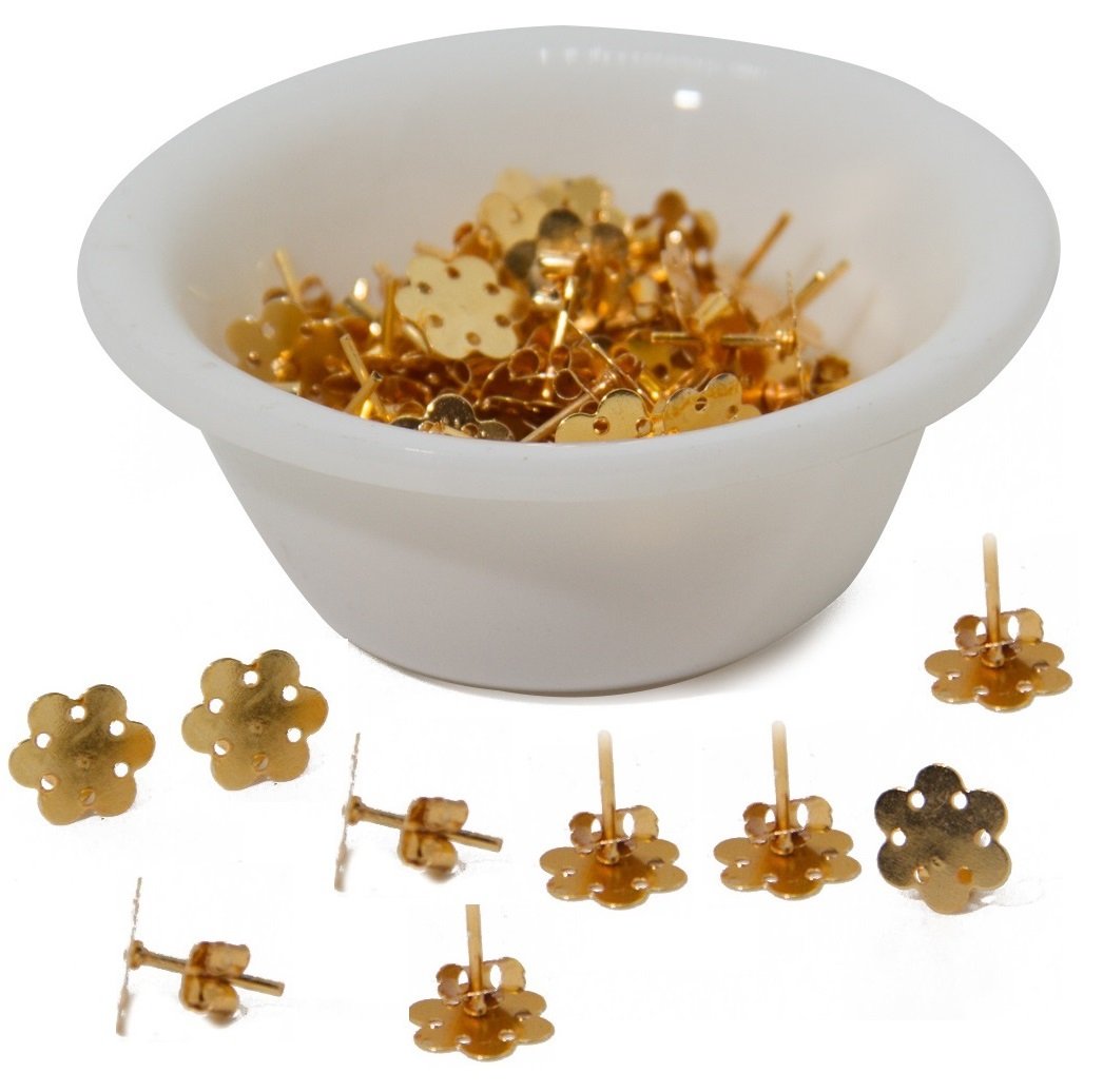 Jewellery Earring Making Stud Base (Pack of 30 Pieces) 13 MM Flat Round Flower Gold Color [10 Gm Wt] For Jewellery Making [ac-jwlsupp-00035-m4]