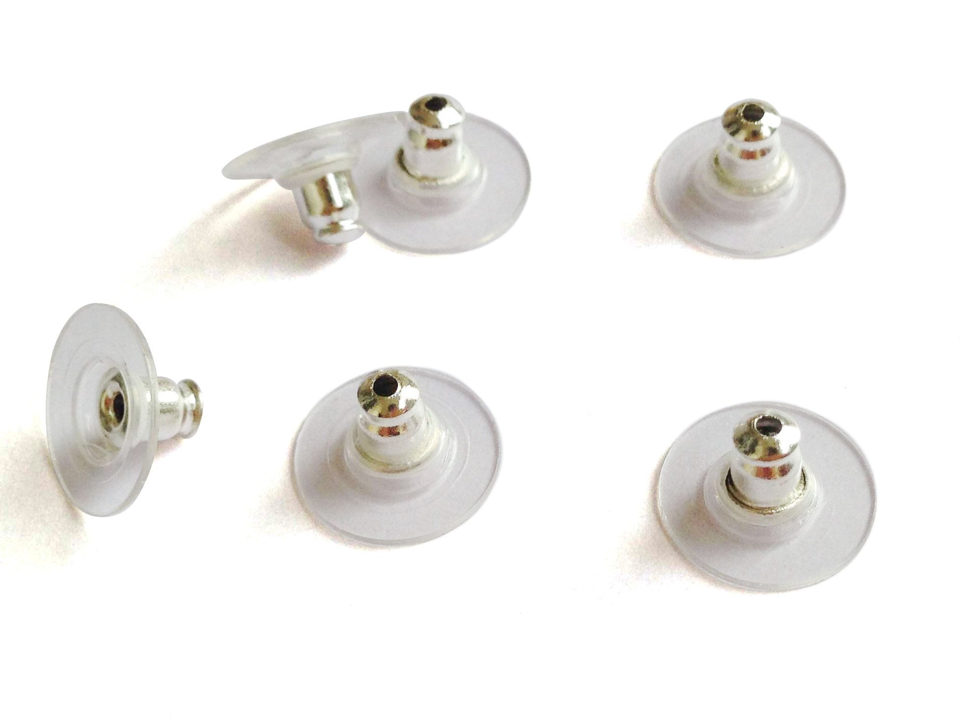 Brass Earring Stoppers with Plastic 11x7mm Cone Transparent & Silver Color (Pack of 10 grams, 55 to 60 stoppers approx) For Jewellery Making [ac-jwlsupp-00036-m5]