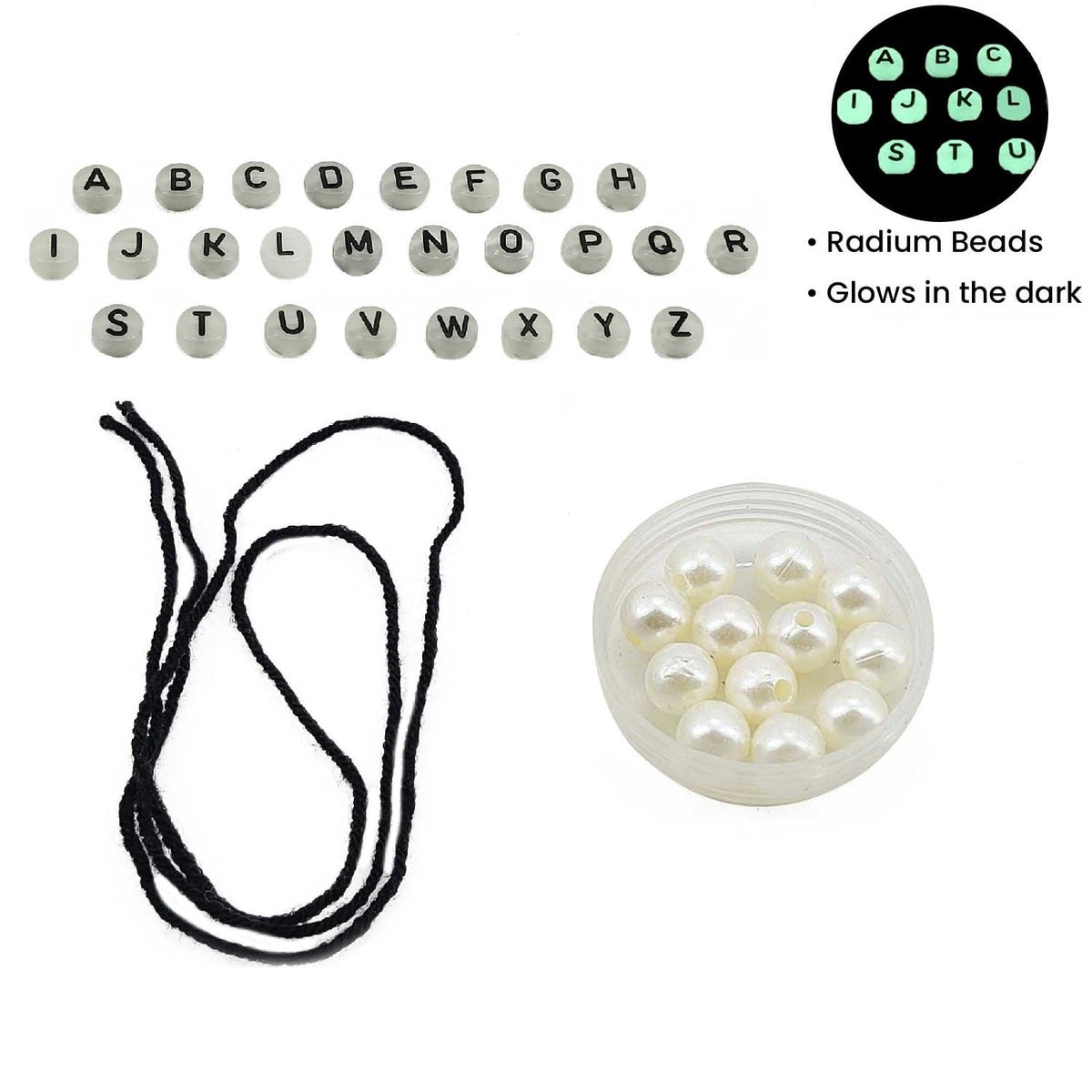 DIY Rakhi Making Kit Supplies Materials For 2 Rakhis (Thread, 2 Sets x A-Z Radium Glow In the Dark Beads, 20 Pcs Plastic Pearl Beads) - 1 Set [ac-jwlsupp-00040-m2]