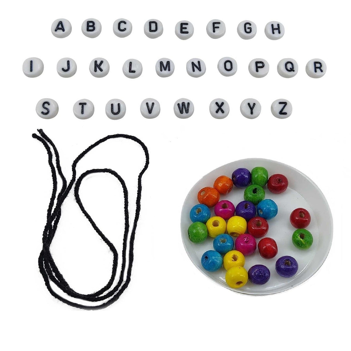 DIY Rakhi Making Kit Supplies Materials For 2 Rakhis (Thread, 2 Sets x A-Z Radium White Acrylic Beads, 24 Pcs Wooden Beads) - 1 Set [ac-jwlsupp-00040-m6]