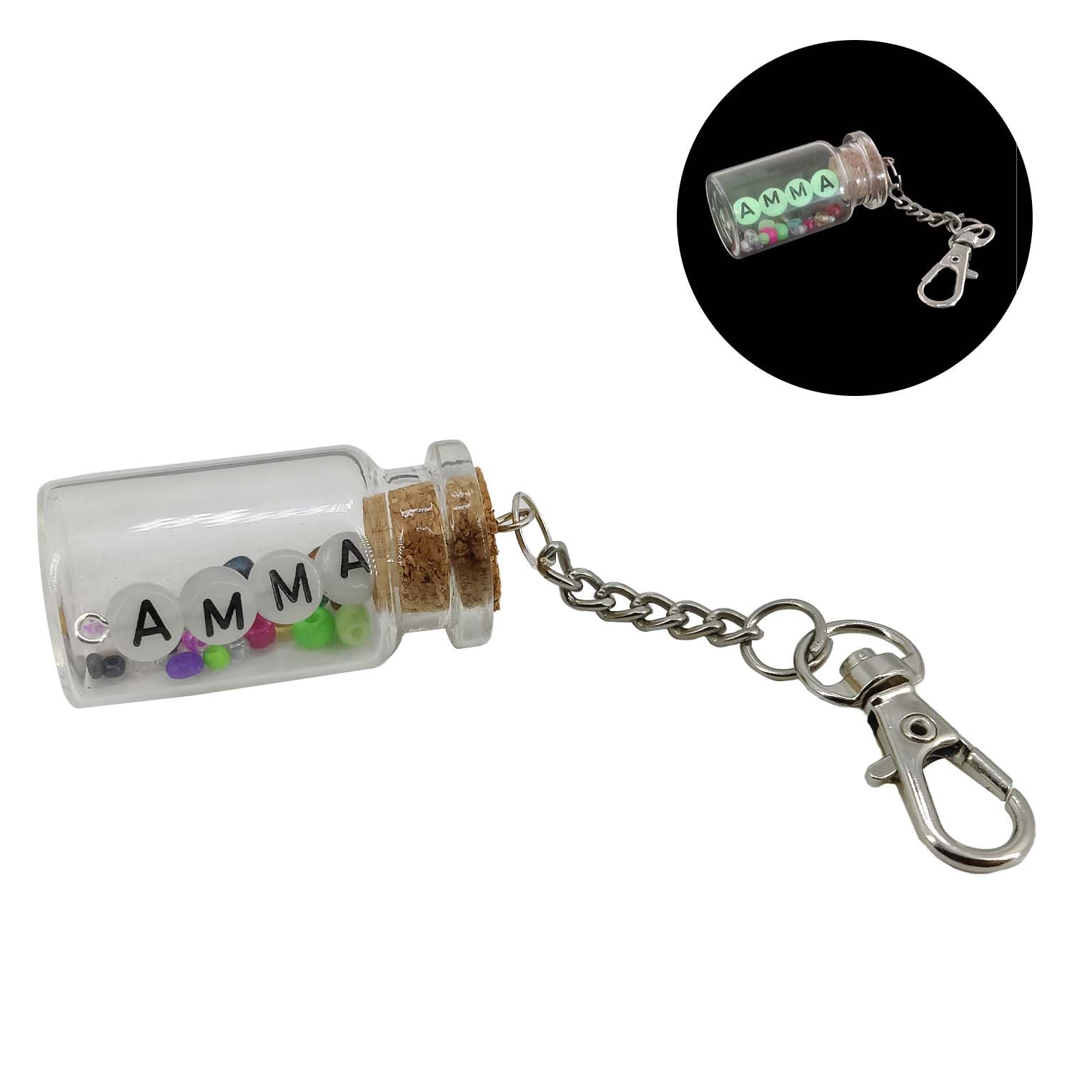 Glow In The Dark Personalized Name Customized Keychains Glass Wish Bottle Multicolor Seed Beads [ac-lfstylnaccs-00012-m12]