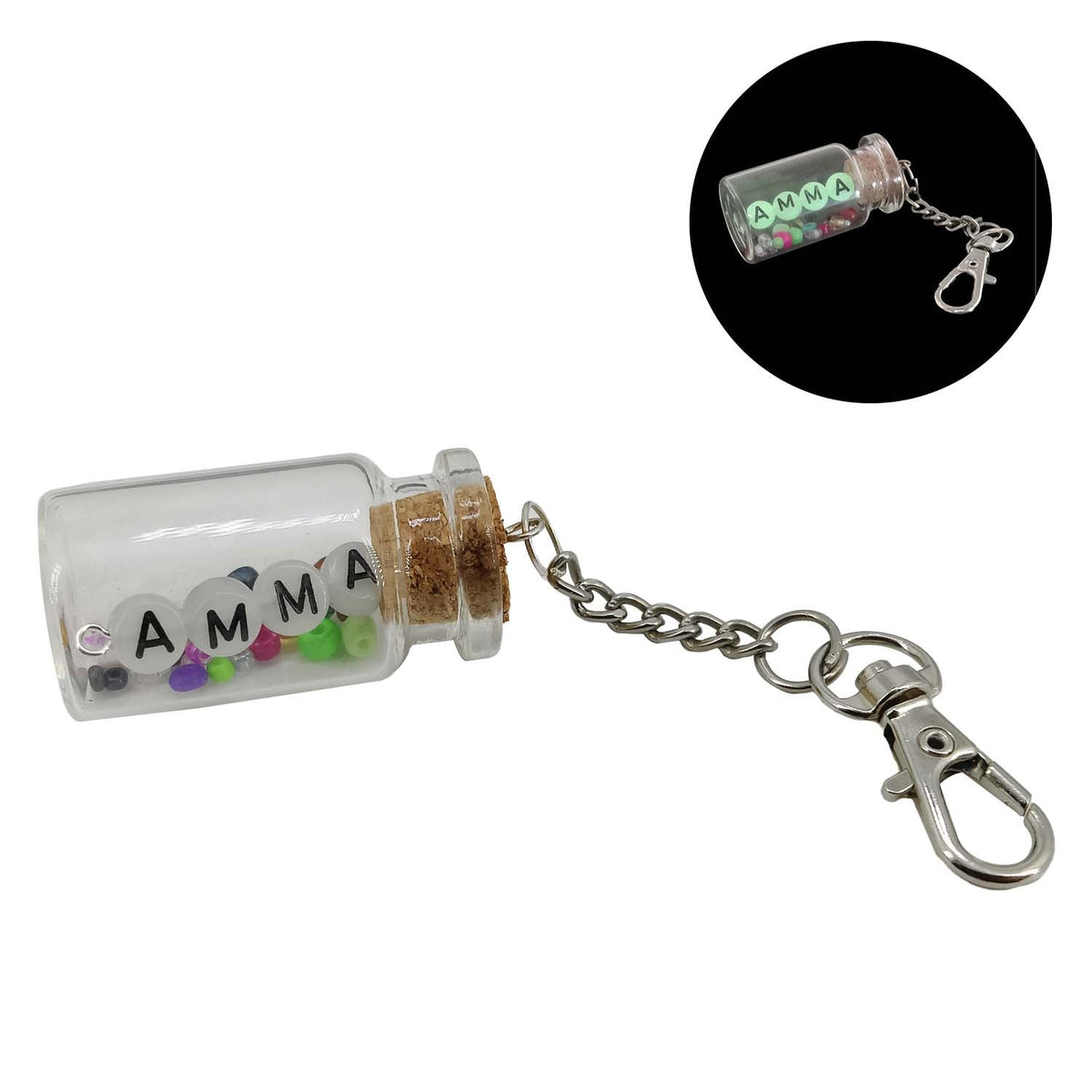 Glow In The Dark Personalized Name Customized Keychains Glass Wish Bottle Multicolor Seed Beads [ac-lfstylnaccs-00012-m12]
