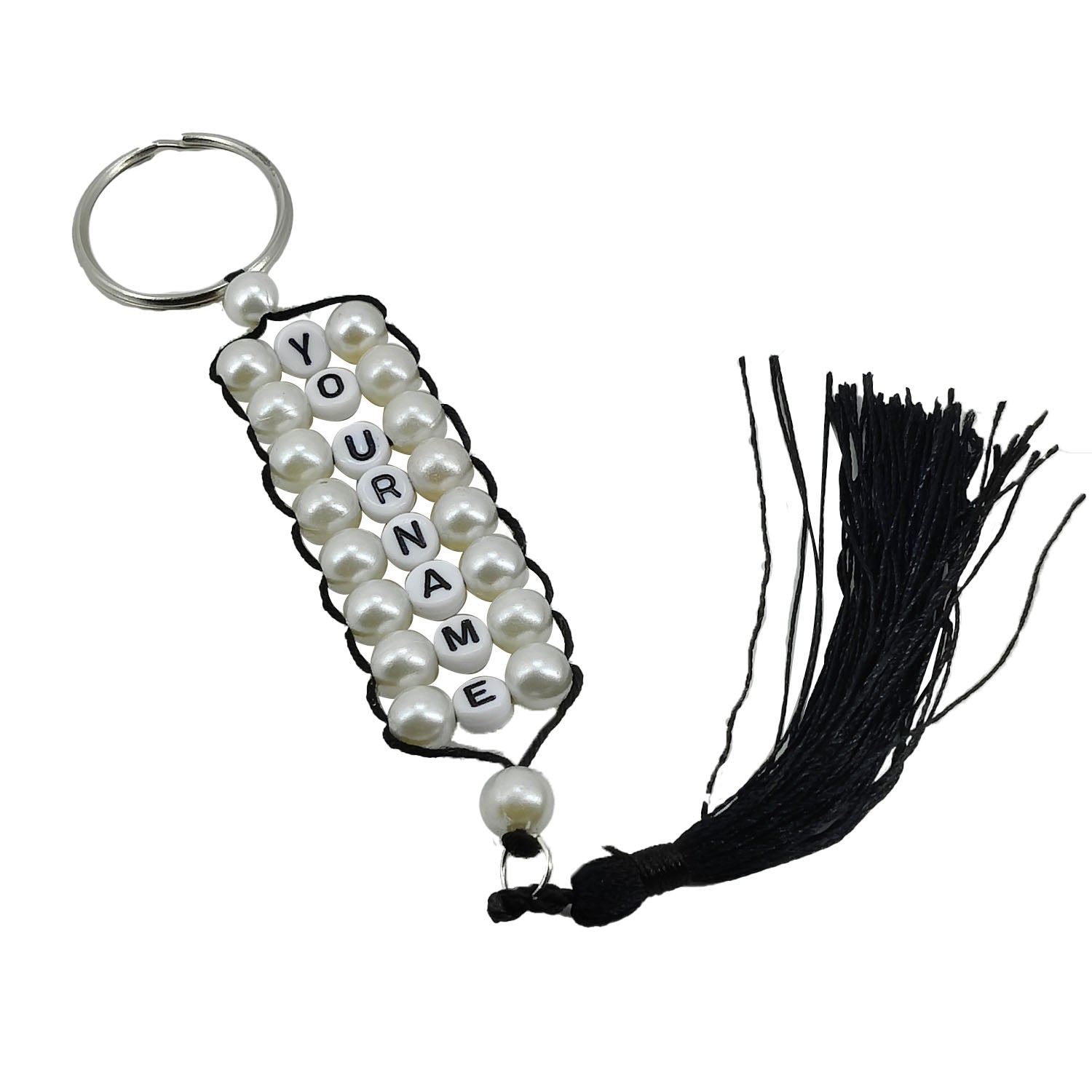 Personalized Name Customized Beaded Keychains White With Tassle [ac-lfstylnaccs-00012-m2]